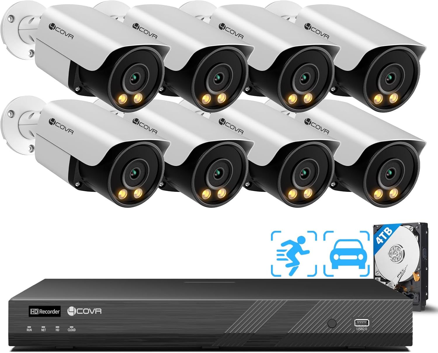 4COVR 12MP Security Camera System PoE for Business, 2-Way Audio Talk, Person Vehicle Detection & Smart Color Night Vision, 16 Channel NVR 4TB HDD, 8Pcs 12MP Wired IP Bullet Cameras IP67, LY37EYAM1608