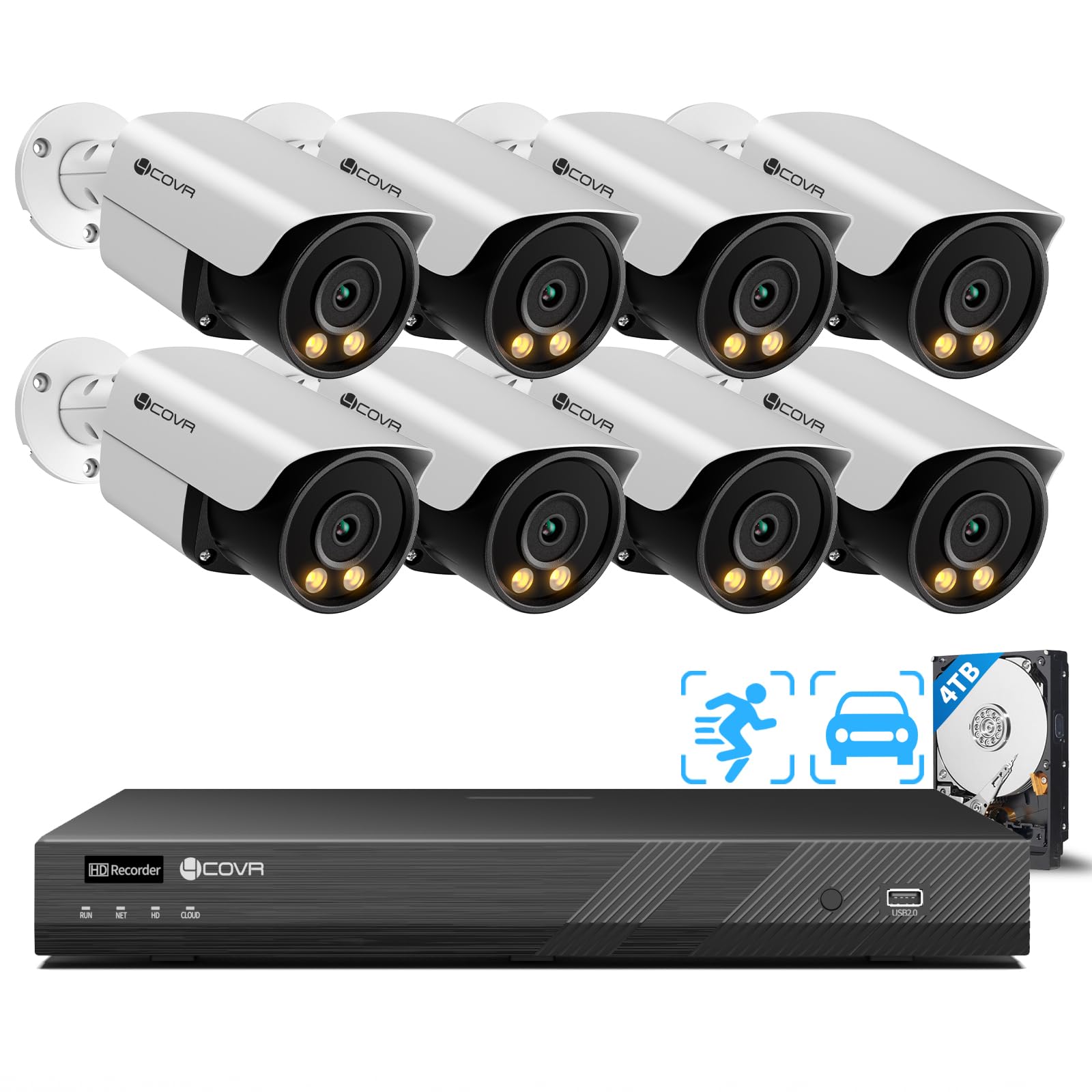 4COVR 12MP Security Camera System PoE for Business, 2-Way Audio Talk, Person Vehicle Detection & Smart Color Night Vision, 16 Channel NVR 4TB HDD, 8Pcs 12MP Wired IP Bullet Cameras IP67, LY37EYAM1608