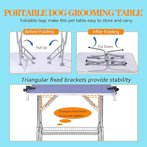 Miniatura 4 de Mesa profesional de aseo para perros y mascotas, ajustable, resistente, portátil, con brazo y lazo y bandeja de malla (42 pulgadas, azul)
