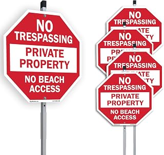 No Trespassing Private Property No Beach Access (5 Pack) 10 inch X 10 inch Octagon Plastic Signs with Aluminum Mounting Stakes Weather Resistant UV Protected for Workplace Private Property