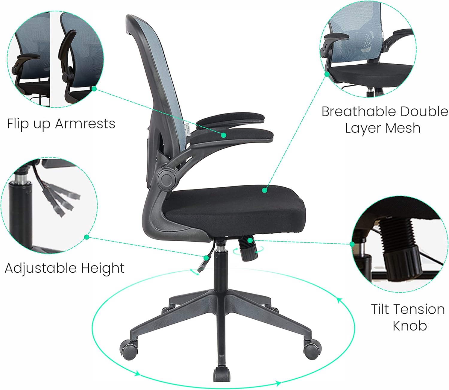 LeisureMod Ergonomic Office Chair - Grey Swivel Desk Chair with Adjustable Height & Flip-Up Armrests, Modern, Breathable & Comfortable for Home or Office