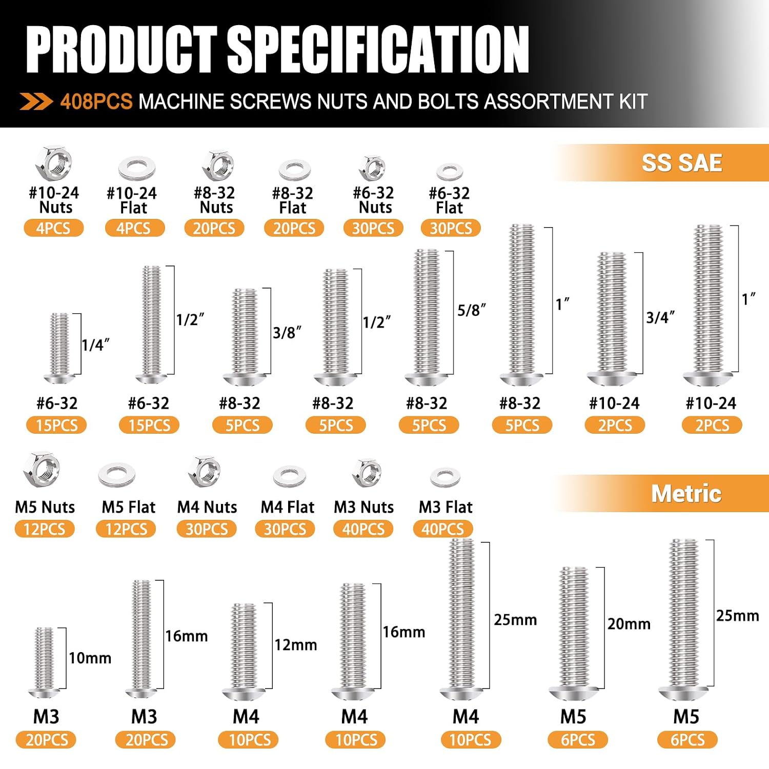 mankk 408PCS Machine Screws Nuts and Bolts Assortment Kit (# 6-32/# 8-32/#10-24 & M3/M4/M5) SAE & Metric 304 Stainless Steel Phillips Pan Head Screws Cross Slotted Round Head Bolts