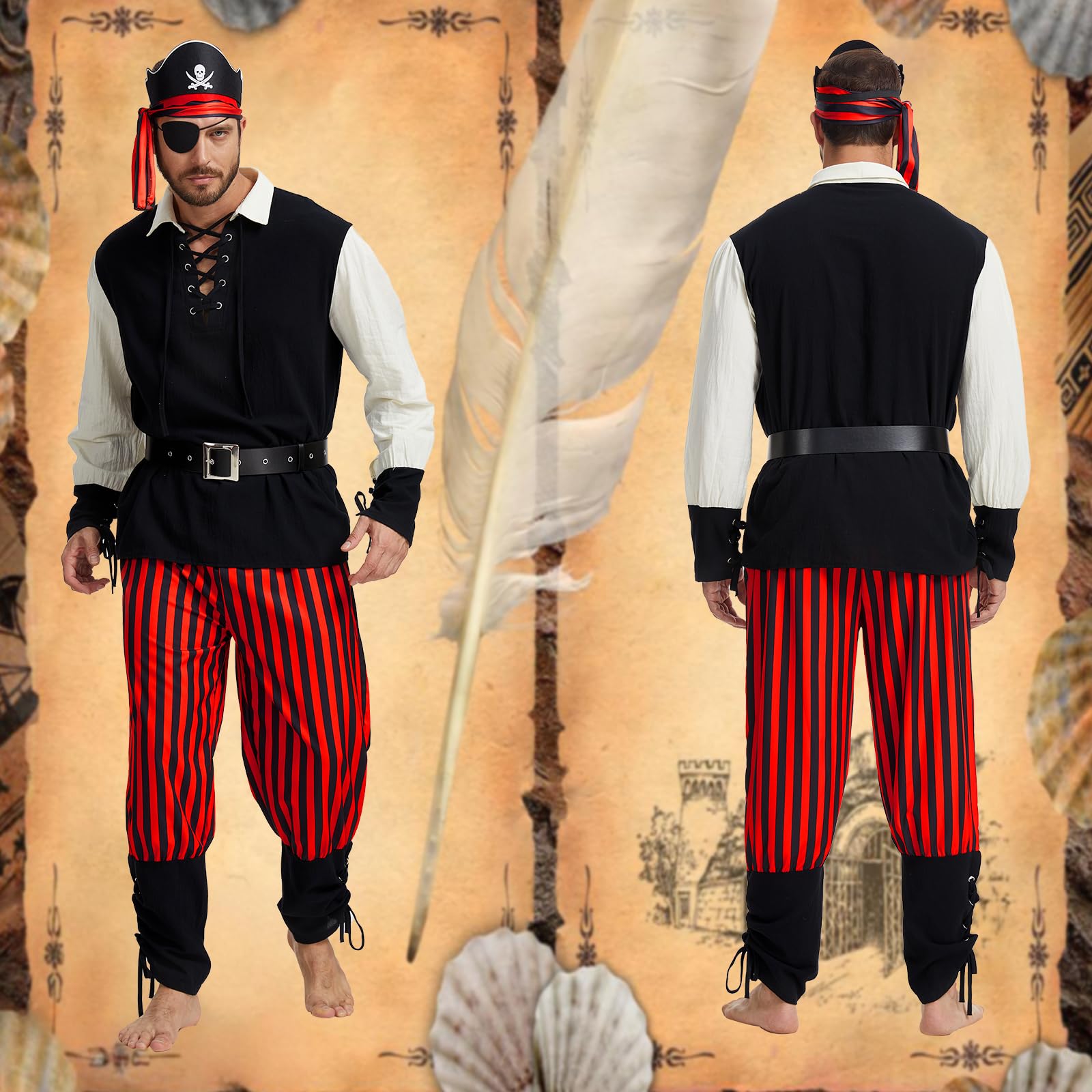 LPFNSF Men's Pirate Costume 6 Piece Set, Renaissance Shirt with Vest and Viking Pants for Halloween Pirate Festival, Cosplay (M) - Image 2