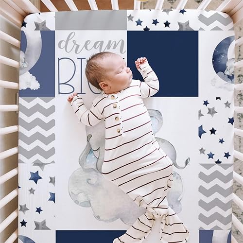 Miniatura 4 de HawSkgFub Sábana bajera ajustable de elefante dormido azul marino para cuna para bebé, niño, Dream Big Little One You are So Loved de retazos para