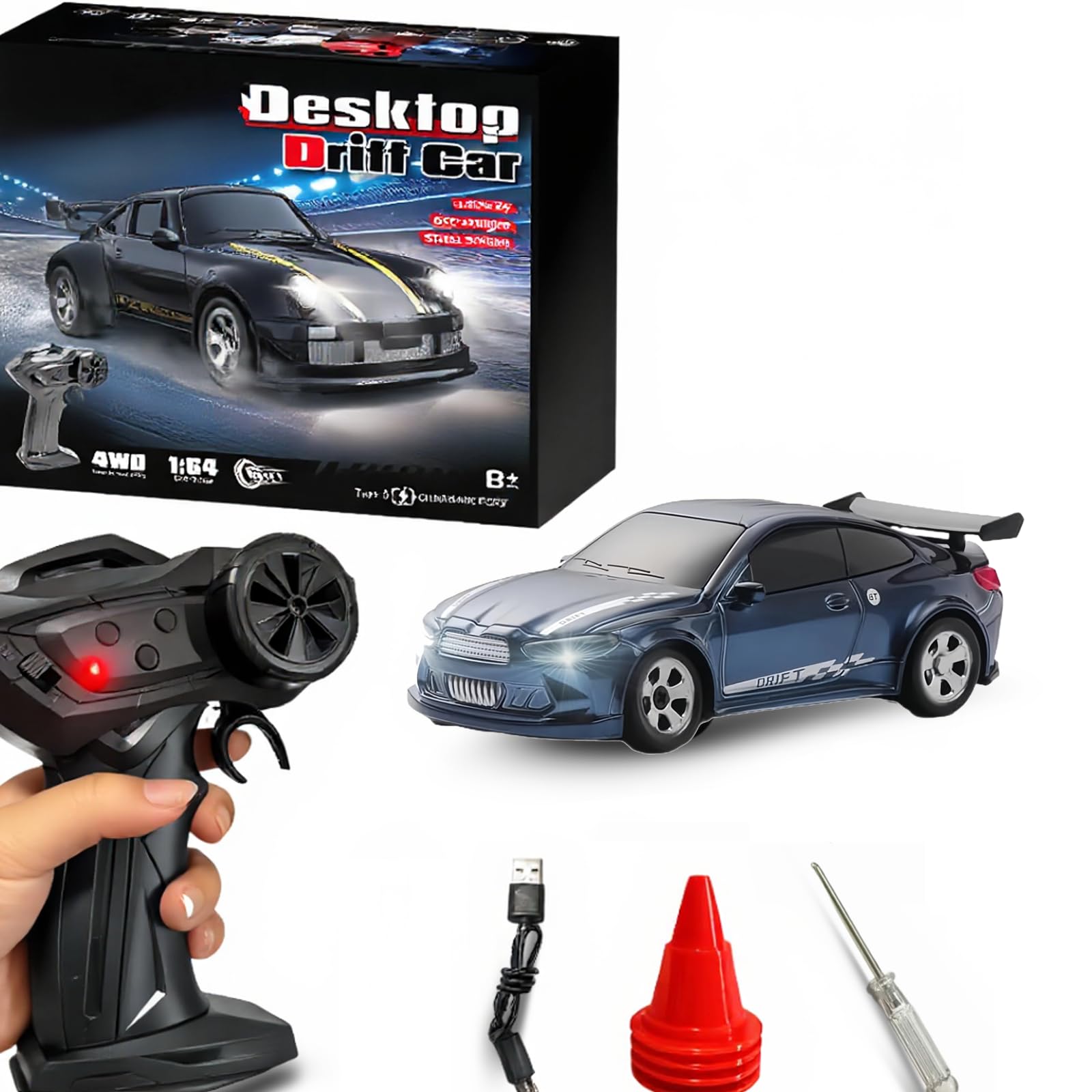 1/64 Mini RC Drift Car, Desktop Remote Control Car, 2.4GHz Full Proportional RTR High Speed Micro Sports Racing Drift, 4WD Hobby Fast Race Vehicle with Lights, Model Toys Gift for Kids, Boys, Adults