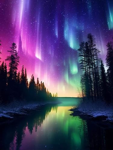 ijbnhd Aurora Diamond Painting Kit for Adults, Forests Lake, 12x16inch