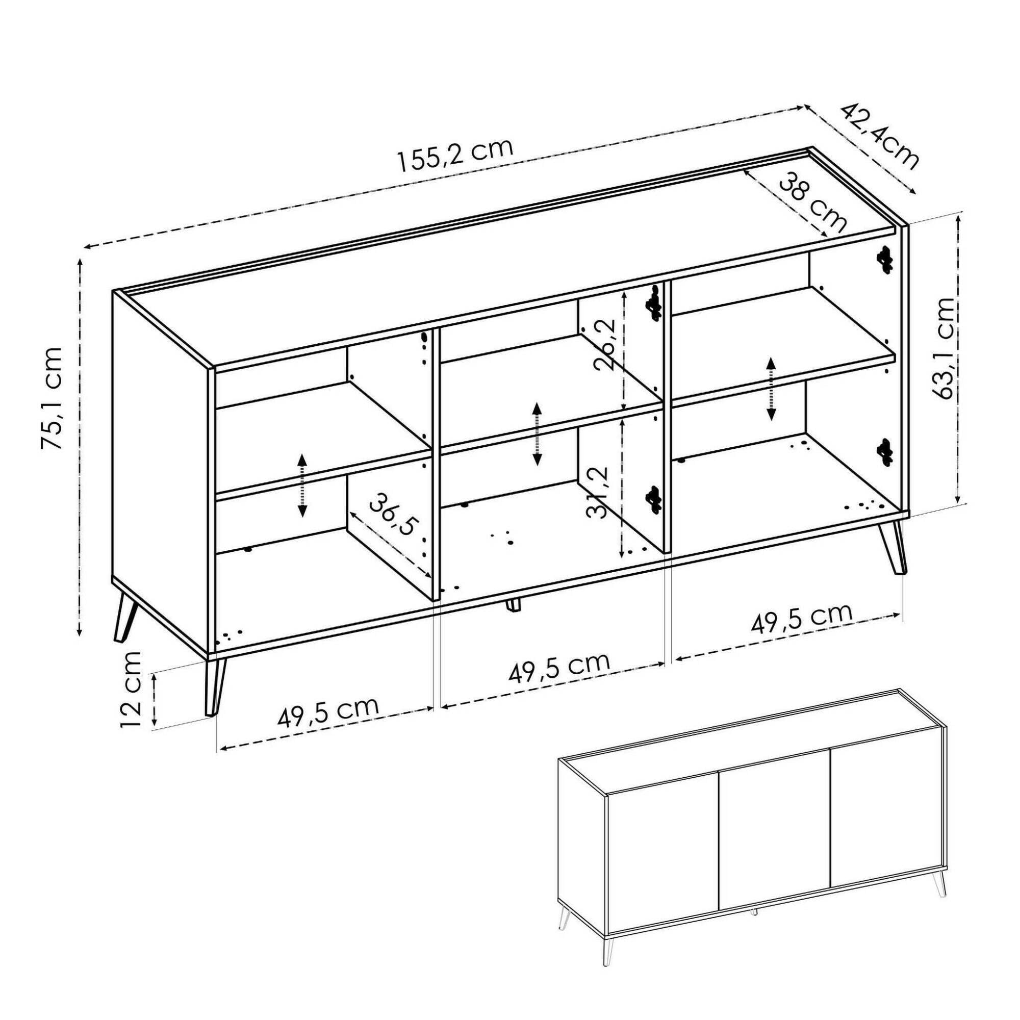 Dmora - Credenza Avez, Buffet da soggiorno, Madia moderna da salotto a 3 ante, 155x43h75 cm, Rovere e Bianco