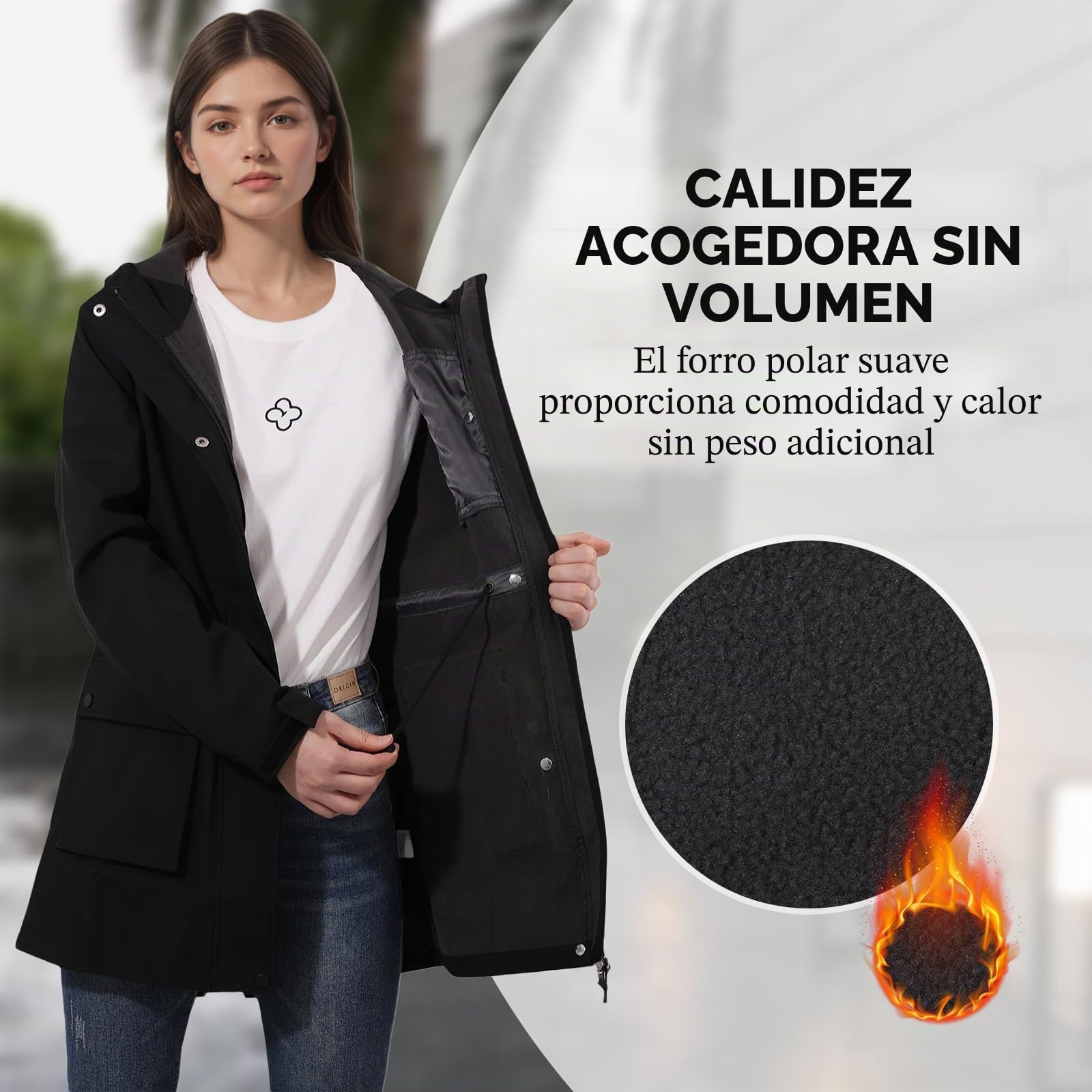 Chaqueta Softshell Impermeable a Prueba de Viento para Mujer con Forro Polar, Capucha Ajustable Abrigo Cálido Ligero de Línea Larga para Todos los días y al Aire Libre