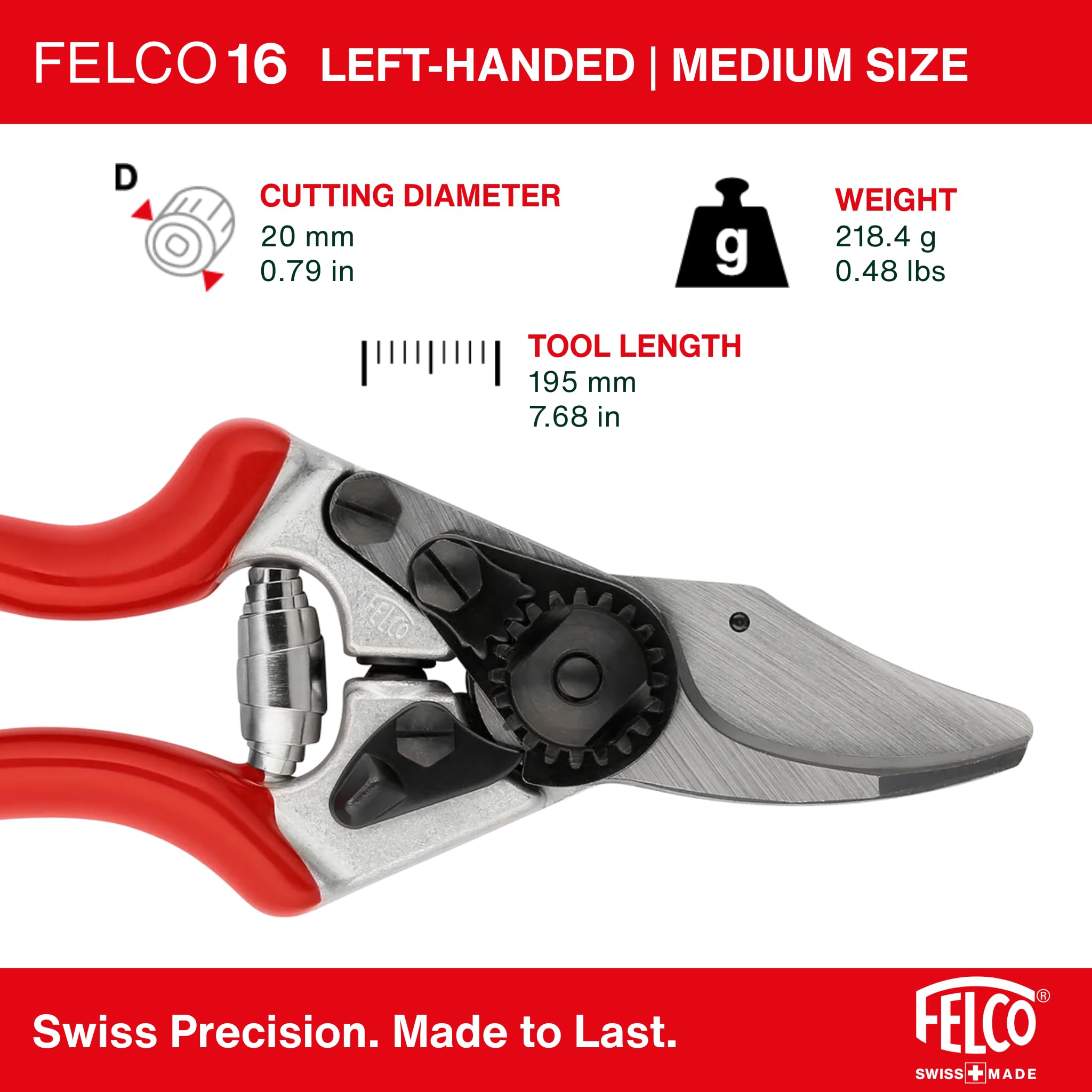 FELCO 16 tijeras de podar para zurdos con manos medianas, corte 20 mm | Versión zurdos con cuchilla de acero templado 42 mm, para cortes precisos en rosas y arbustos. Swiss Made.