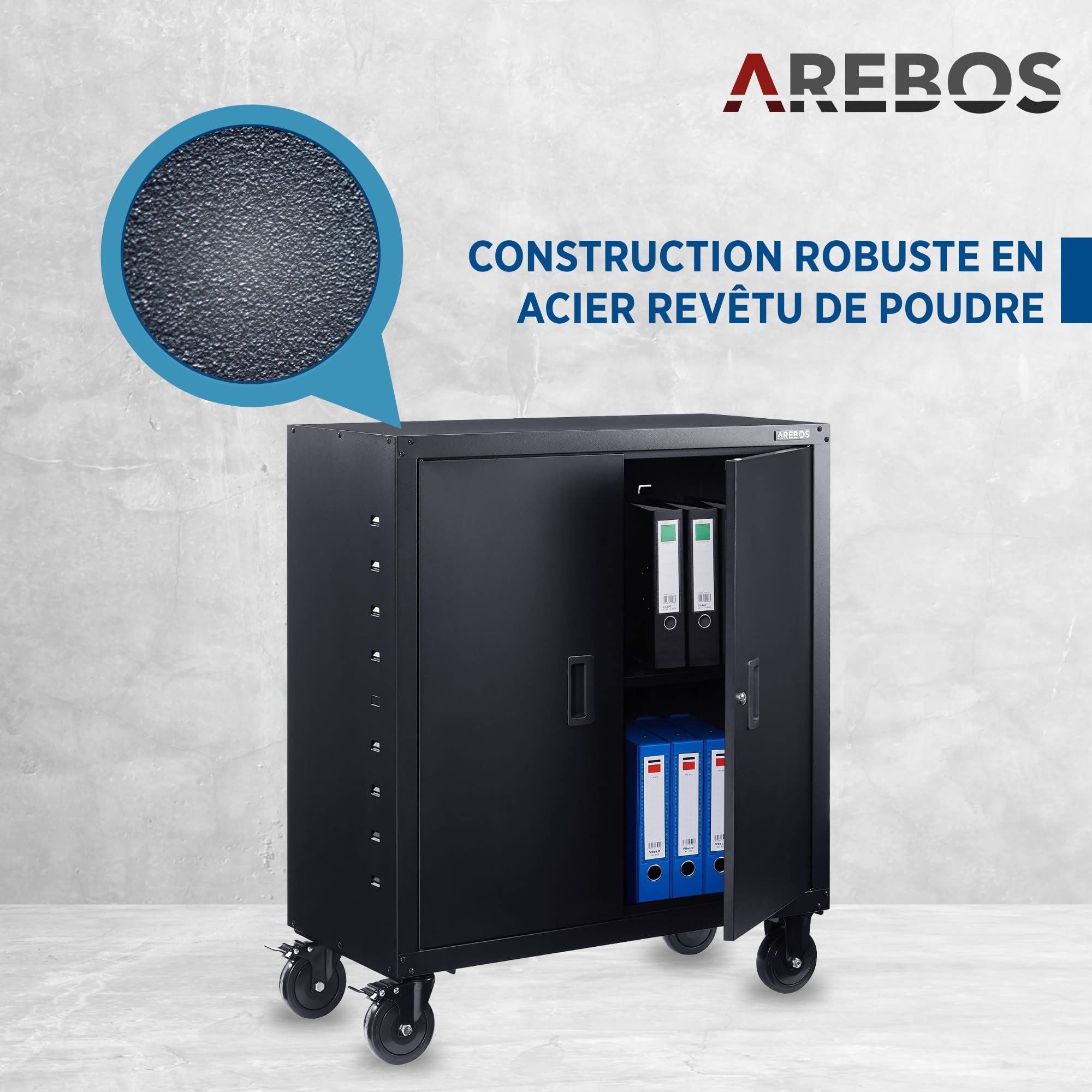 AREBOS Armoire de Bureau en Acier Robuste avec roulettes | 105x40x90 cm | Grande capacité de Rangement avec étagères réglables en Hauteur | Idéal pour Fournitures, dossiers et Archives | Noir