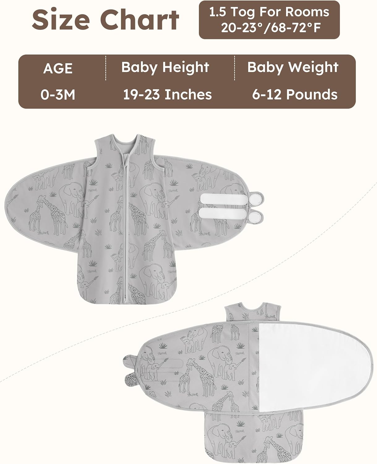 Unnivoll Newborn Sleep Sack Swaddle 100% Cotton Baby Swaddle 0-3 Months, 3-Way Adjustable Wearable Blanket, TOG 1.5, 2 Pack for Baby Boy Girl Apricot Gray Elephant