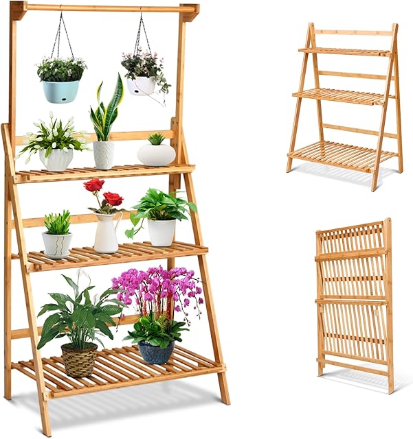 GYMAX 3 Tier Bamboo Plant Stand, Foldable Flower Display Shelf with Adjustable Hanging Rod, Plants Pot Organizer Storage Ladder Rack for Balcony Garden Living Room
