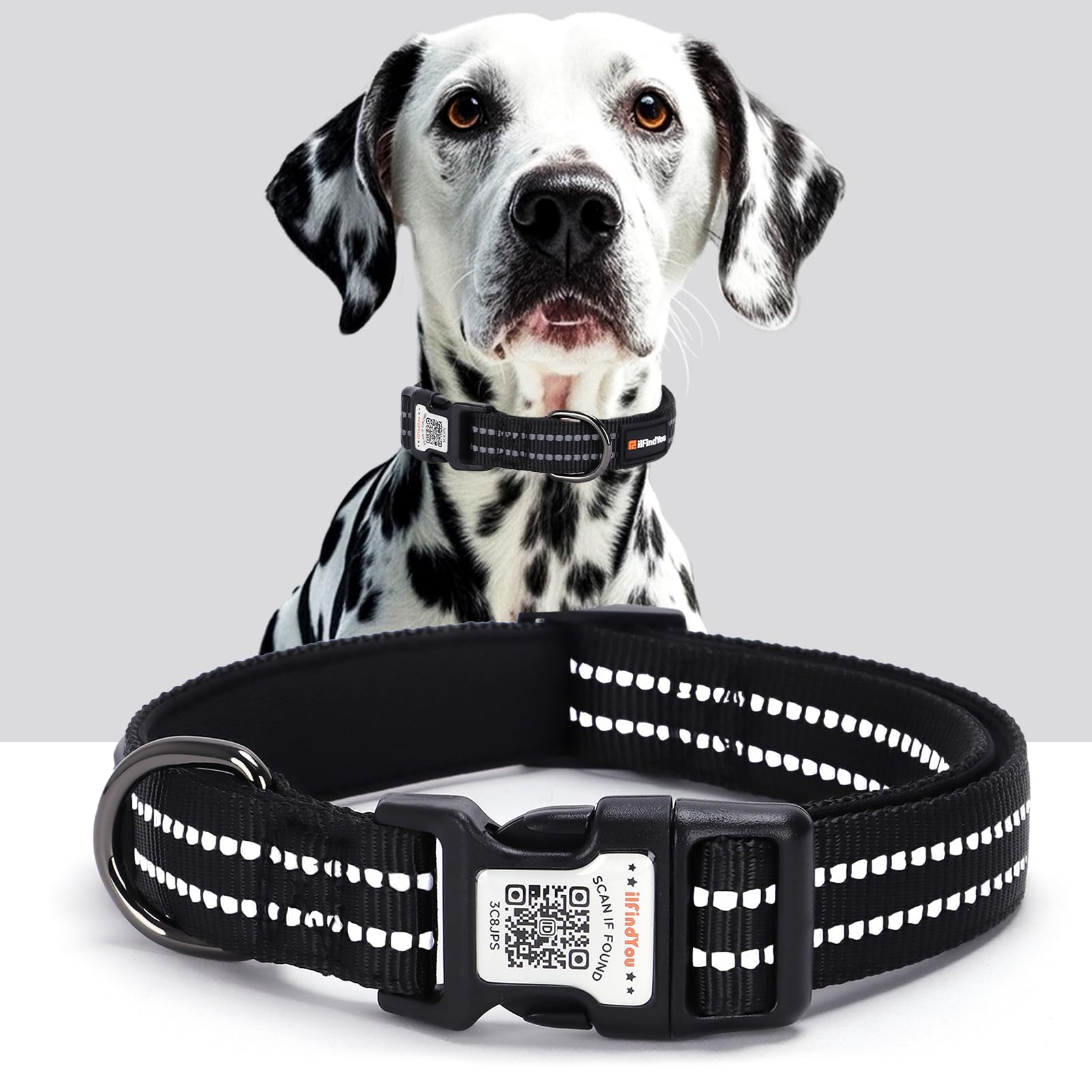 Collare riflettente per cani con etichetta con codice QR, collare per cani personalizzato, visibilità notturna di sicurezza, funzione anti-perdita (nero, M)