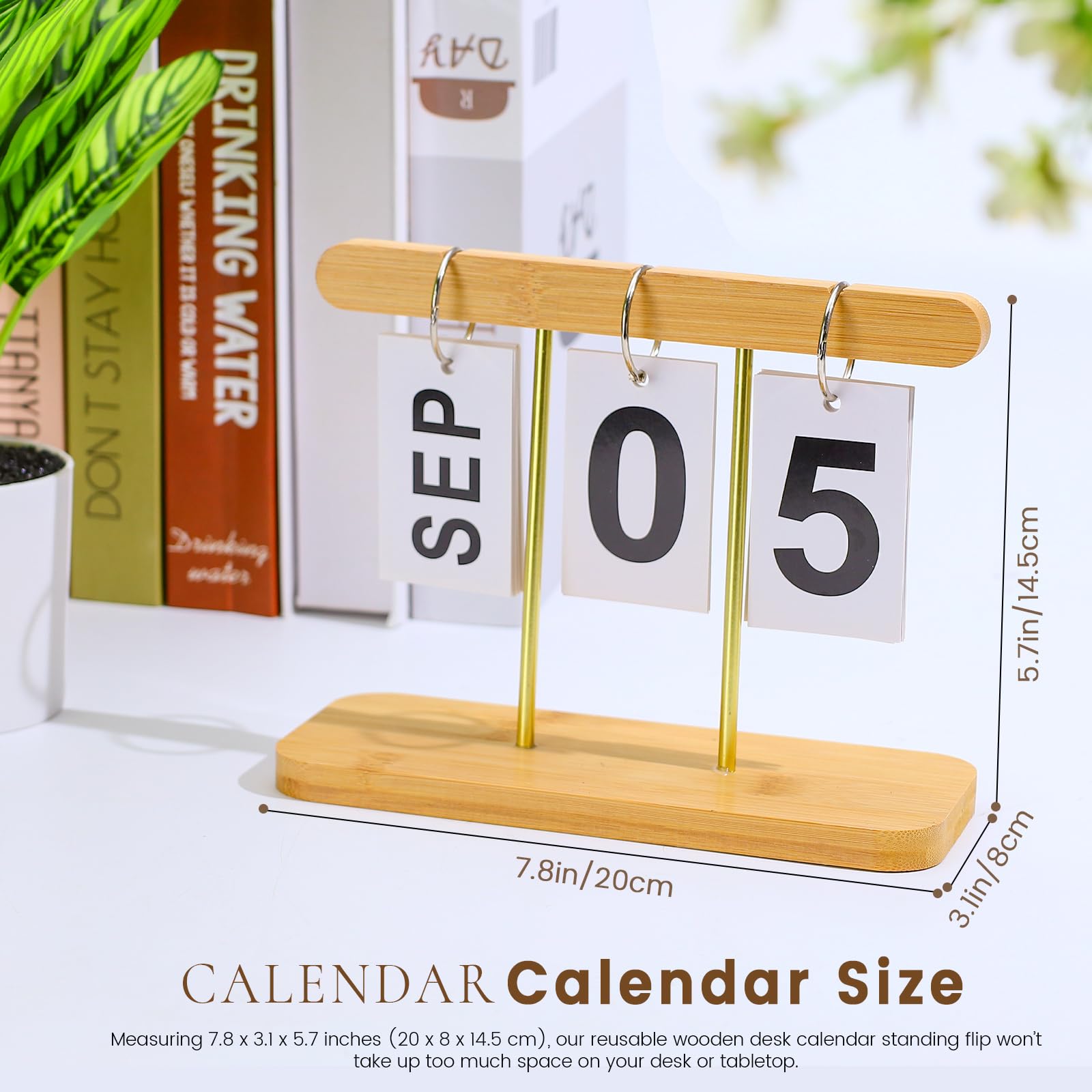 Calendario perpetuo de madera y metal, calendario de escritorio de madera reutilizable, cuenta regresiva, accesorios de escritorio para oficina, hogar, aula, decoración de exhibición (beige)