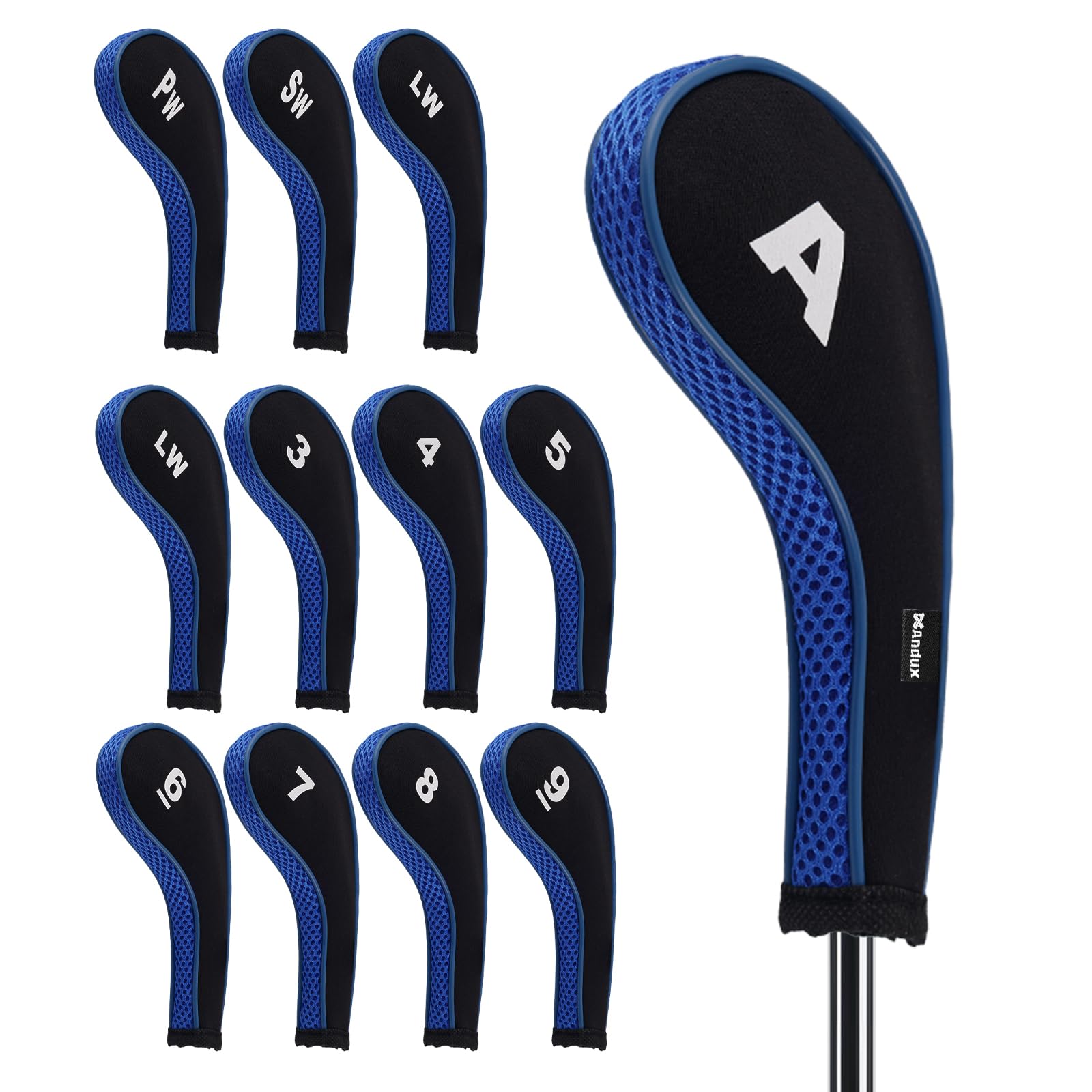 Andux La Tête de Club de Fer de Golf d'impression de Nombre Couvre Le Long Cou avec la Tirette Lot de 12 Noir/Bleu