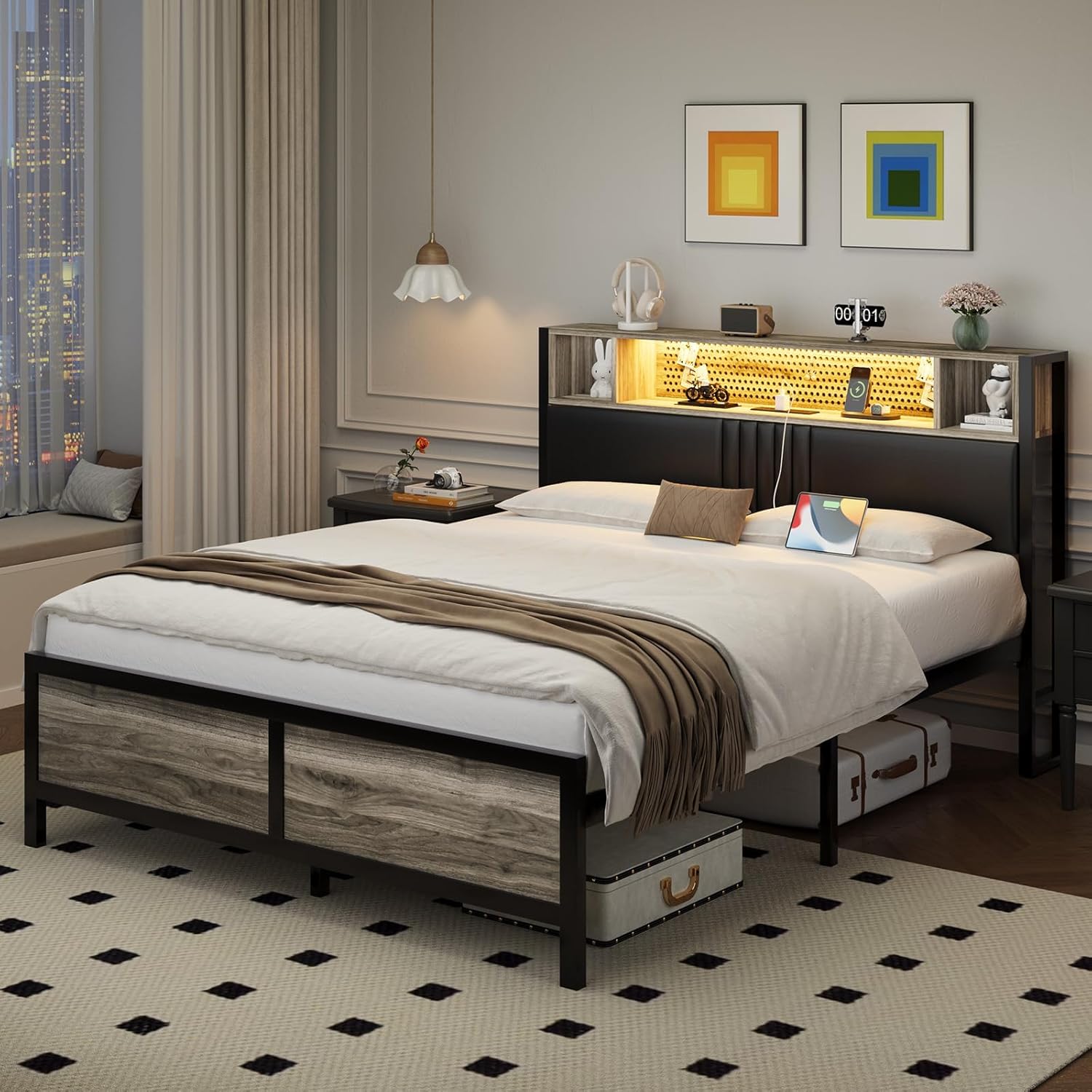 Queen Size Bed Frame with LED Light and Charging Station, Queen Platform Bed Frame with Strong Metal Slat Support, Upholstered Headboard, No Box Spring Needed, Noise-Free, Easy Assembly, Wash Grey
