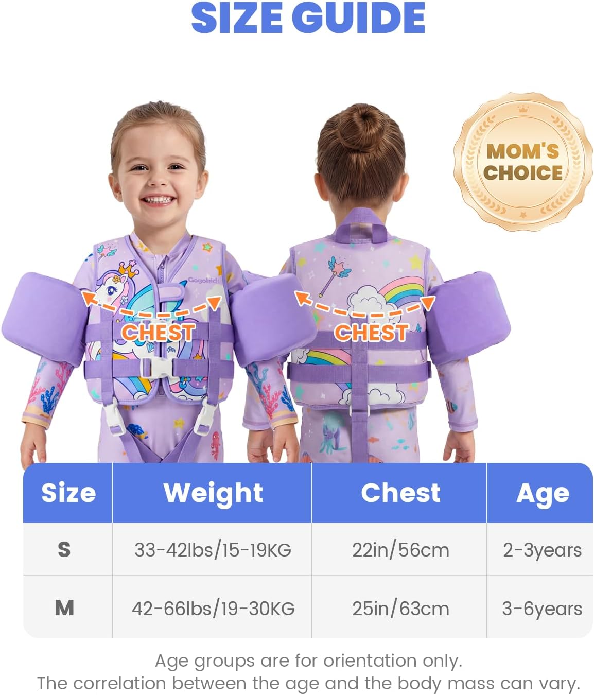 Gogokids Toddler Swim Vest for Kids 33-66 Pounds, Toddler Floaties Water Wing Arm Float, Swim Jacket with Adjustable Safety Strap for 2 3 4 5 6 Years Old Girls and Boys in Pool/Puddle