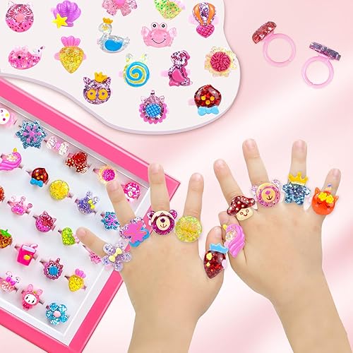 Miniatura 4 de Ynanimery Little Girl Jewelry Rings Birthday Gifts- Kids Pretend Play and Dress Up Jewelry Rings 50 Pcs for Girls Festive Gift  A Variety of Rings