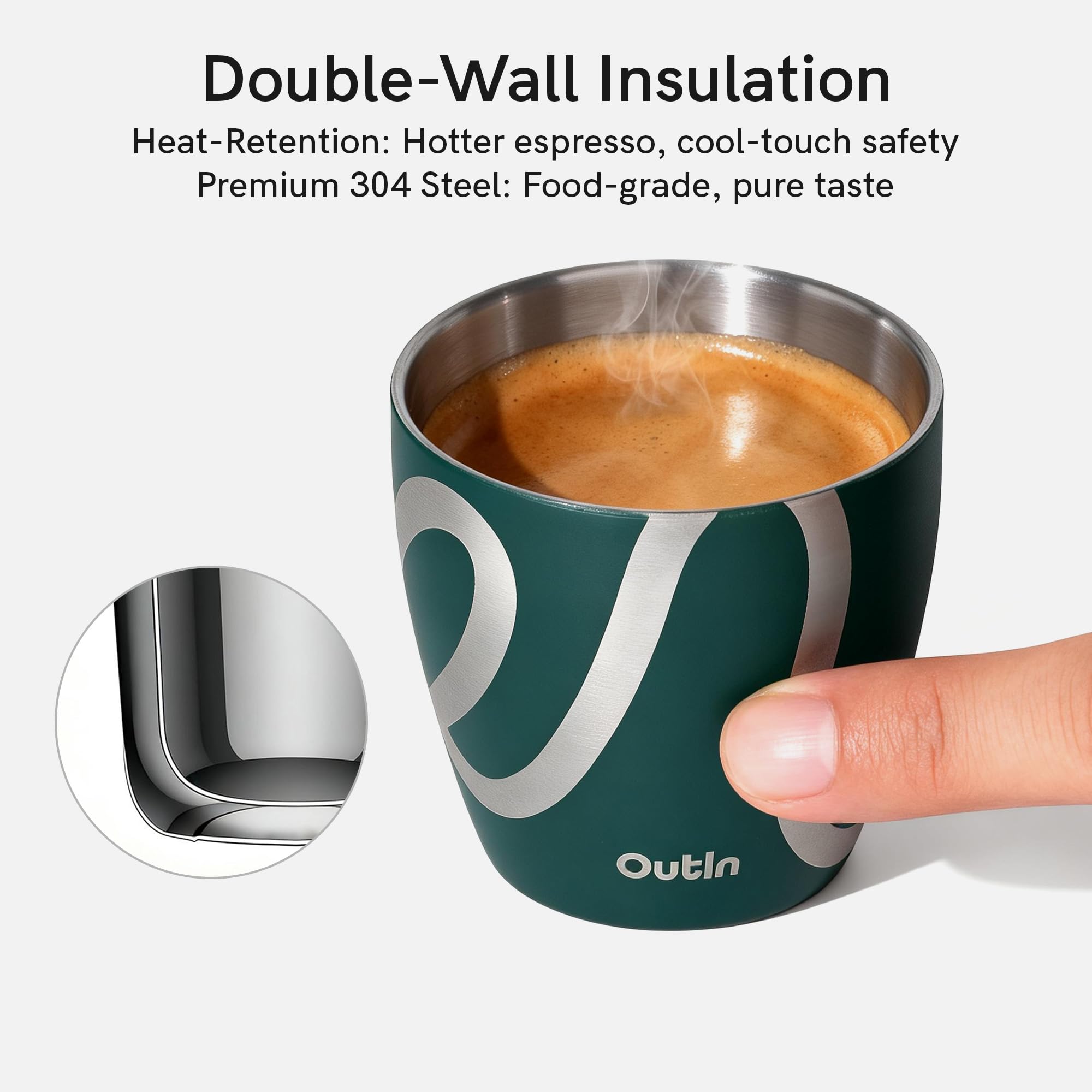 OutIn Juego de 2 Tazas para Espresso, Doble Pared Aislada 75ml de Acero Inoxidable, Vasitos para Shot Portátiles para Acampada, Compatibles con Máquinas de Café