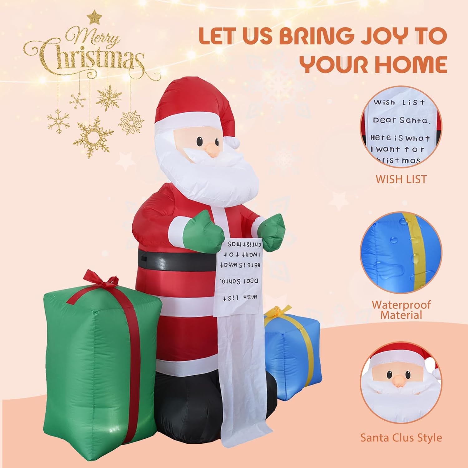 6FT H Christmas Inflatable Santa Claus Holding a Long Wish List with Gift Boxes, Christmas Blow up with Build-in LED Lights Outdoor Indoor Large Party Yard Decoration
