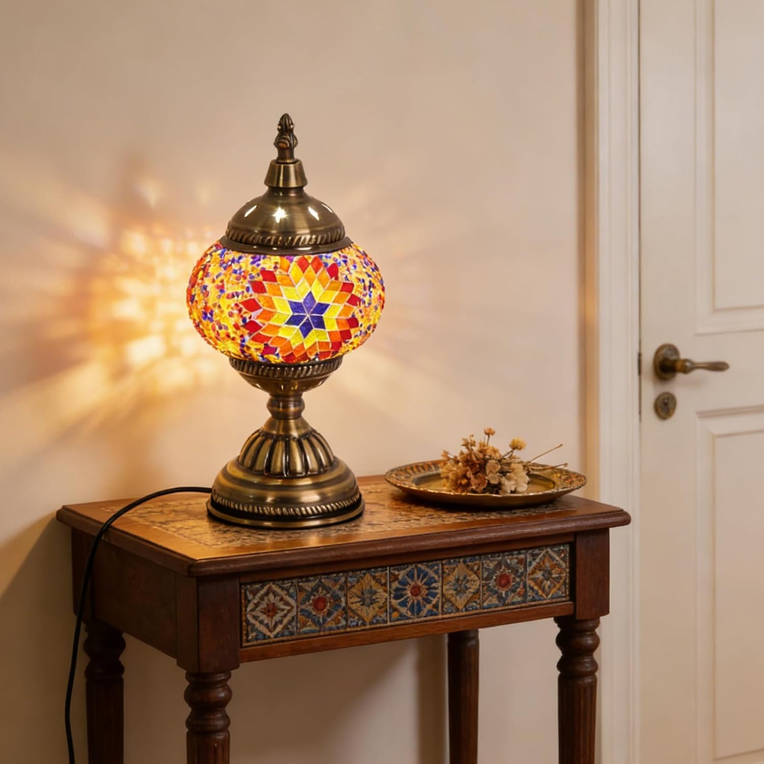 Turkish Table Lamp, Vintage Style Handmade Stained Glass Moroccan Mosaic Lamp with Bronze Base Including E26 Bulb for Living Room Bedroom Decor