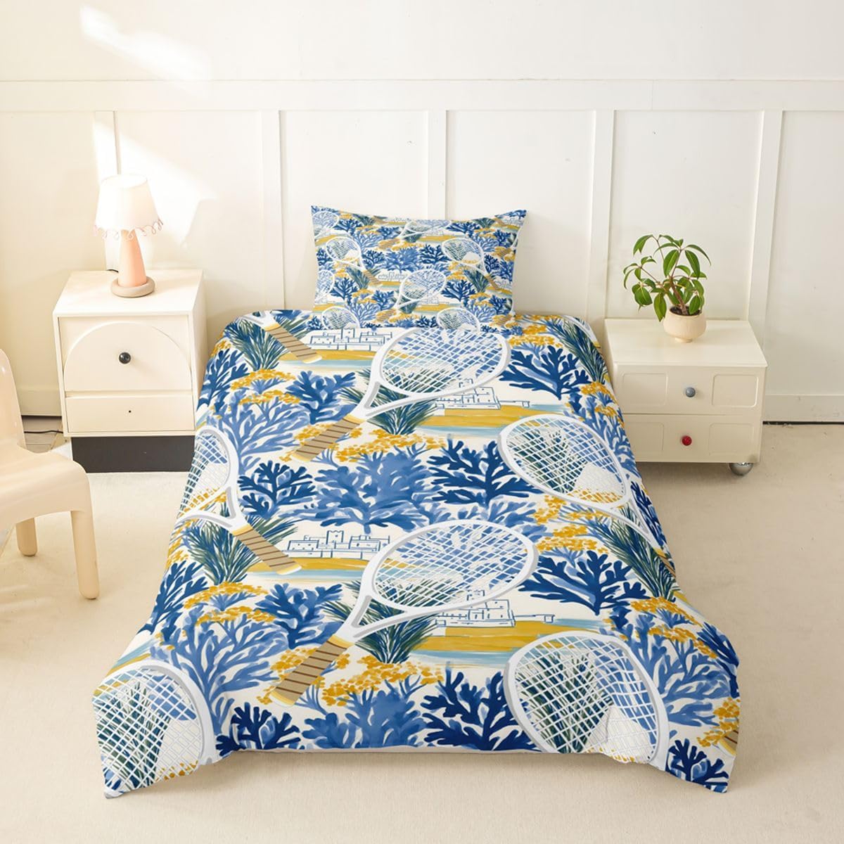 Fashion Tennis Duvet Cover Set Twin Size,Blue Leaf Seaside Bedding Sets 2Pcs for Kids Girls Boys Teens Room Decor,Coastal Village Scenery Comforter Cover Gaming Sports Quilt Cover,1 Pillowcase image 3