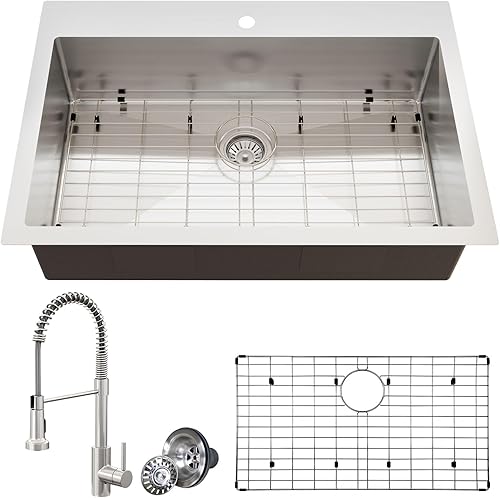 Fregadero de cocina de 33 x 22 pulgadas, fregadero de cocina de un solo tazón con grifo extraíble, lavabo de acero inoxidable T-304 de calibre 18