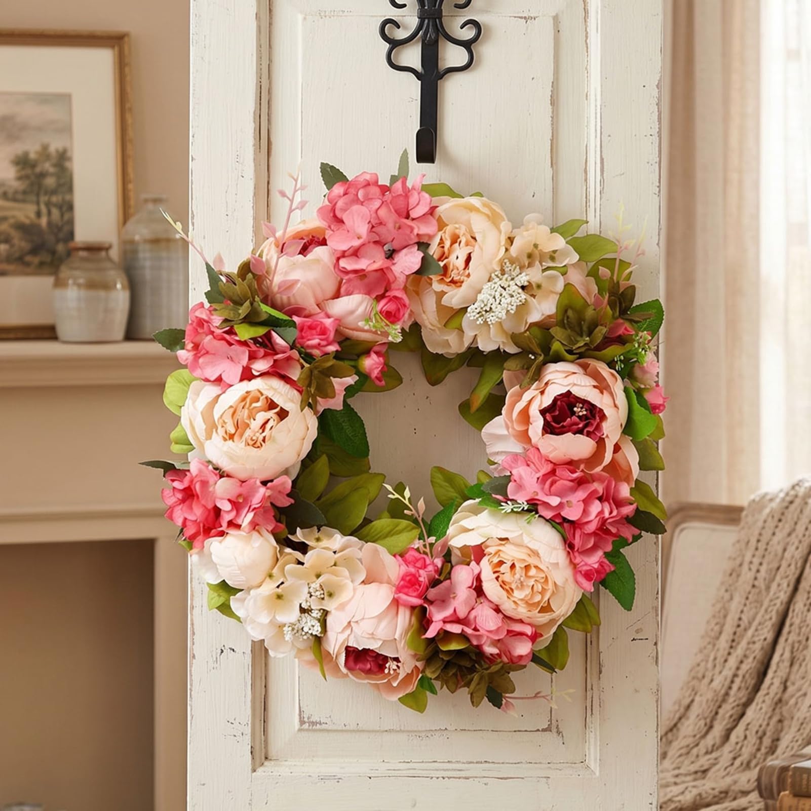 TOPINCN Pfingstrosen Türkranz, Künstlicher Blumenkranz mit Kun (Stil 1)