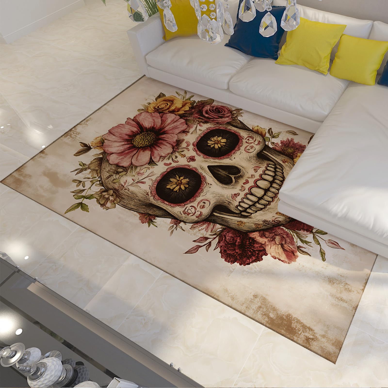 Tapis de cuisine rétro Halloween crâne floral 100x150cm antidérapant pour maison et ferme