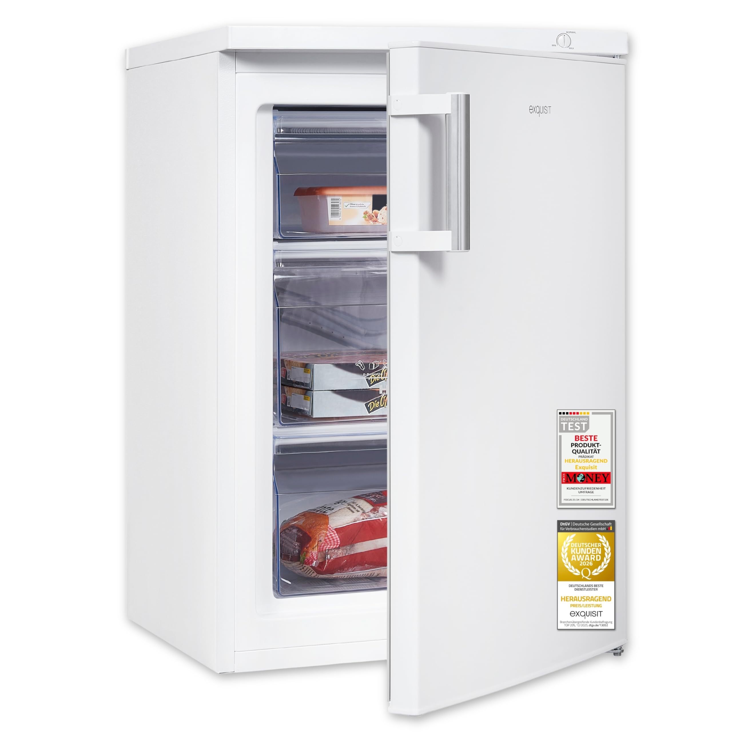 Exquisit Gefrierschrank 85 l - Mini-Tiefkühlschrank Weiss mit 3 Schubladen | 4-Sterne-Gefriergerät mit 131 kWh/Jahr, Energieklasse D, 40 dB Betriebsgeräusch und wechselbarem Türanschlag für Haushalt