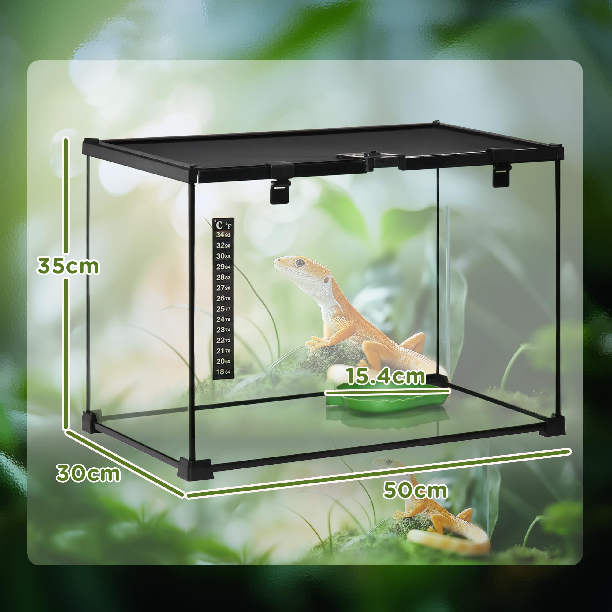 PawHut Terrario per Rettili Rialzato con Serratura e Porta per Alimentazione, Terrario per Tartarughe e Serpenti in Vetro Temperato e Rete Metallica, 50x30x35 cm, Nero