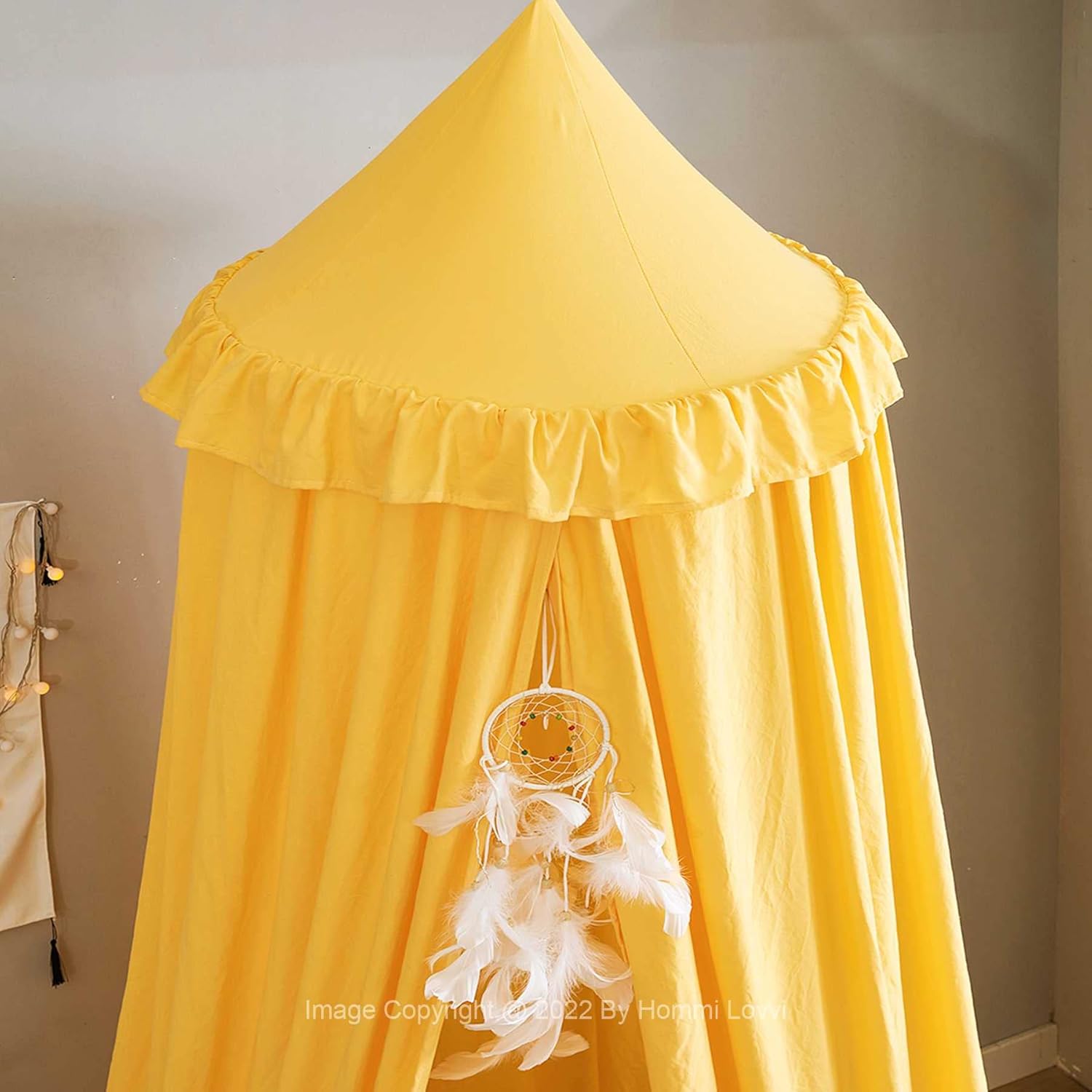 KLUFO Bed Canopy for Girls, Dreamy Frills Ceiling Hanging Princess Canopy Bedroom Decoration Soft Canopy Net Reading Nook, Extra Large Full Queen Size Bed Canopies - Yellow