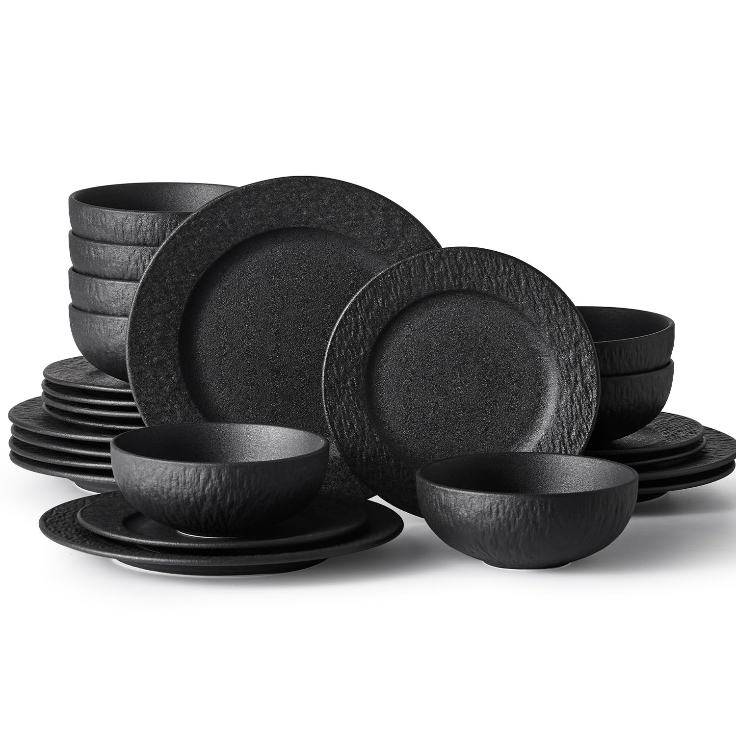 HIKAA Steingut Geschirrset Schwarz 8 Personen, 24-Teiligs Matte Teller Set, Hochwertiges Tafelservice Mikrowellen und Spülmaschinenfest, Kombiservice für Familienessen, Restaurants, Geschenke