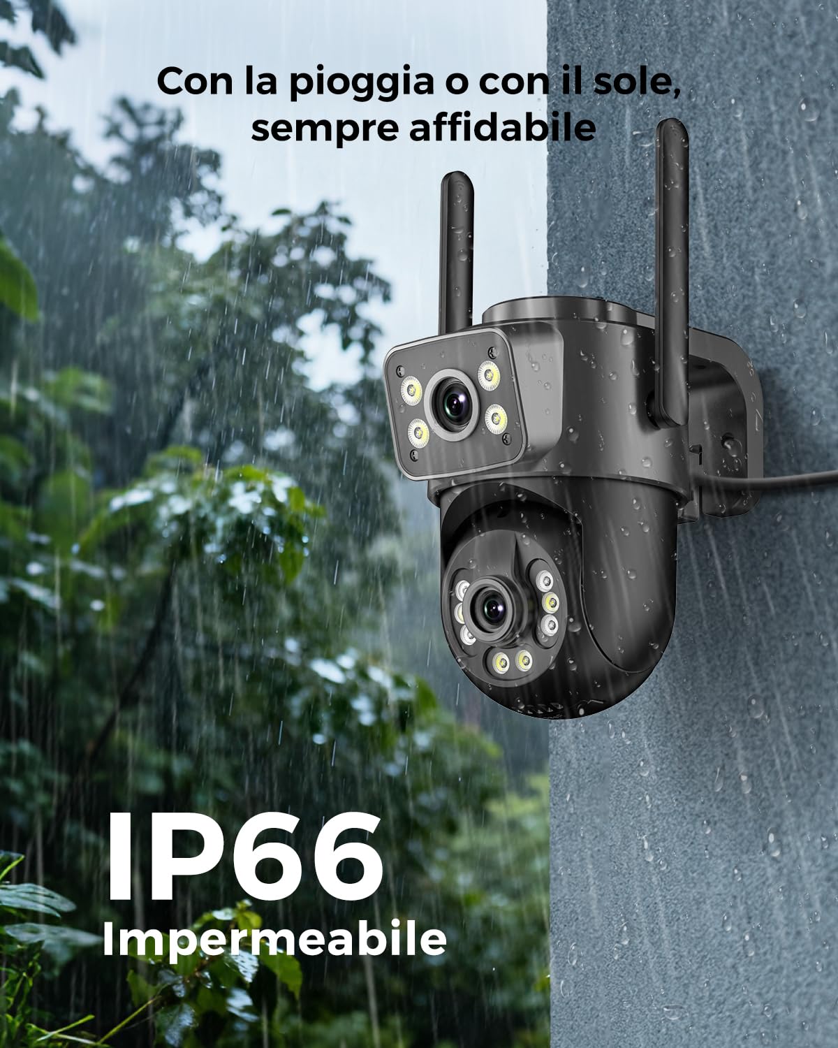 Reobiux 2K Telecamera Wi-Fi Esterno, 360° PTZ Videocamera Sorveglianza Esterno con Doppia Lente, Colori Visione Notturna, Tracciamento Automatico, Registrazione 24/7, IP66
