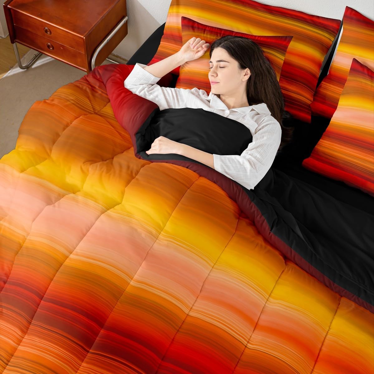 Feelyou Orange Red Print Bedding Set Gradient Orange 7 Piece Bedding Set Romantic Color Comforter Microfiber Yellow Dark Red Bed Set Includes Comforter, Sheet Set, Pillowcases & Pillow Covers Queen