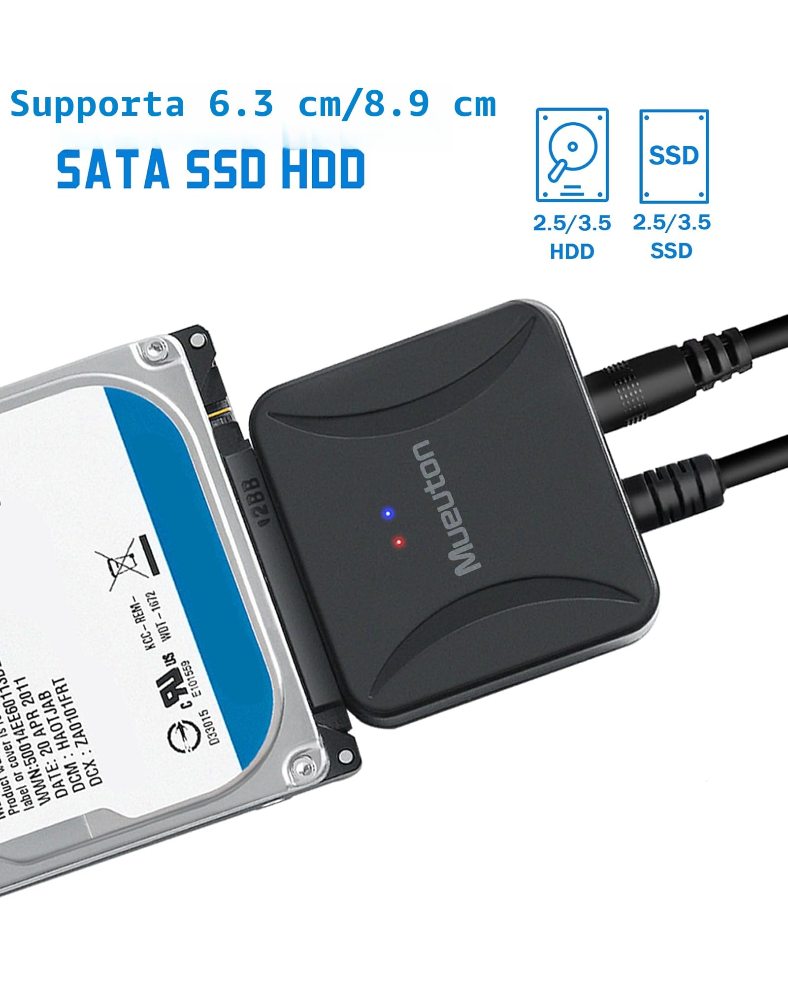 Adattatore SATA USB 3.0, Cavo adattatore per disco rigido SATA III per HDD/SSD da 3,5/2,5 pollici con adattatore di alimentazione 12V/2A Supporta UASP