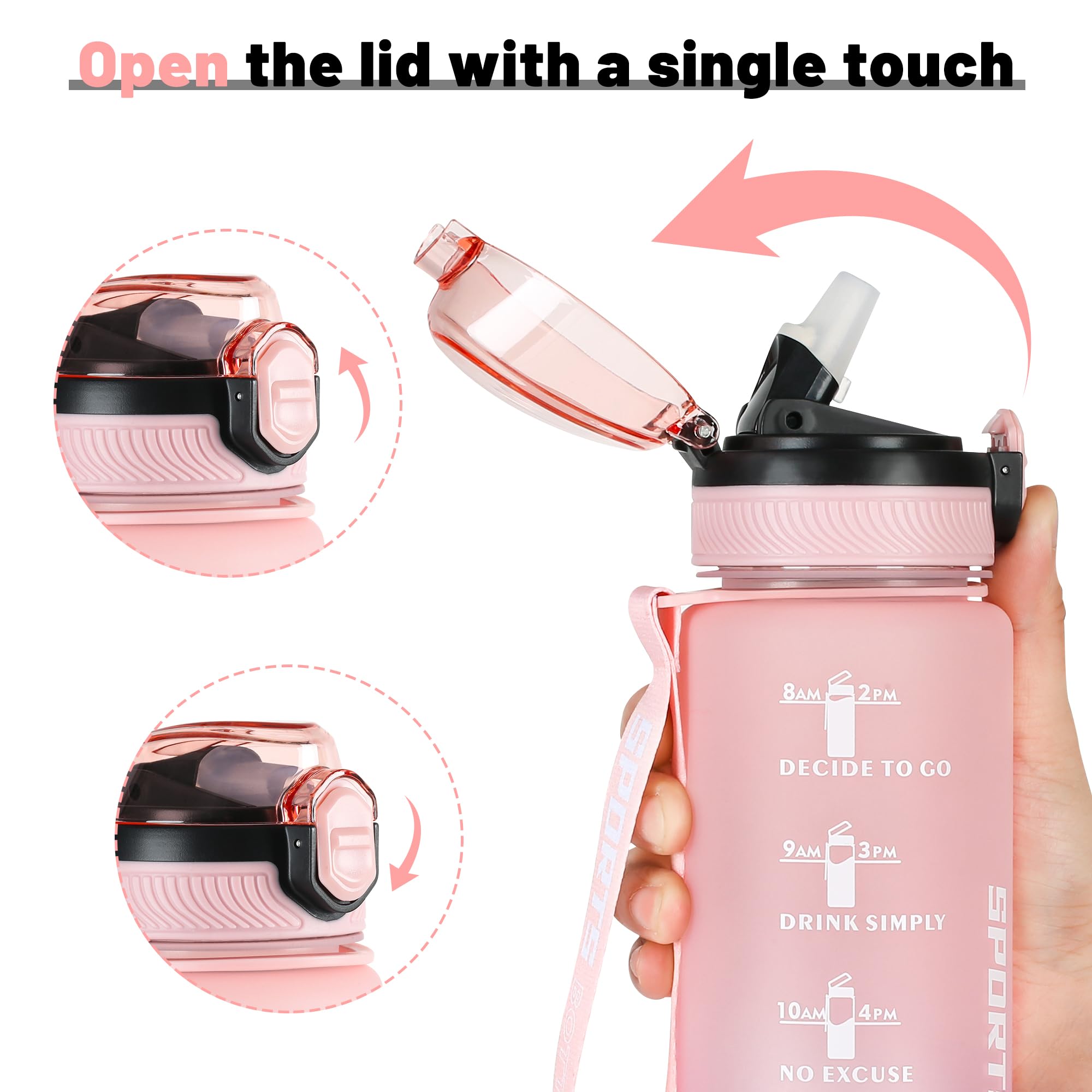 DUNSOO Borraccia 1L, Borraccia con Cannuccia con Del Tempo Motivazionale, Borraccia Sportiva, Tritan Senza BPA Bottiglia Acqua, con Spazzola per la Pulizia per Palestra, Yoga - Rosa