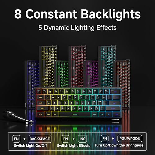 Miniatura 3 de EWEADN F61 - Teclado para juegos con cable al 60%, teclado de membrana retroiluminada RGB para juegos con teclas PBT, diseño compacto, teclado con