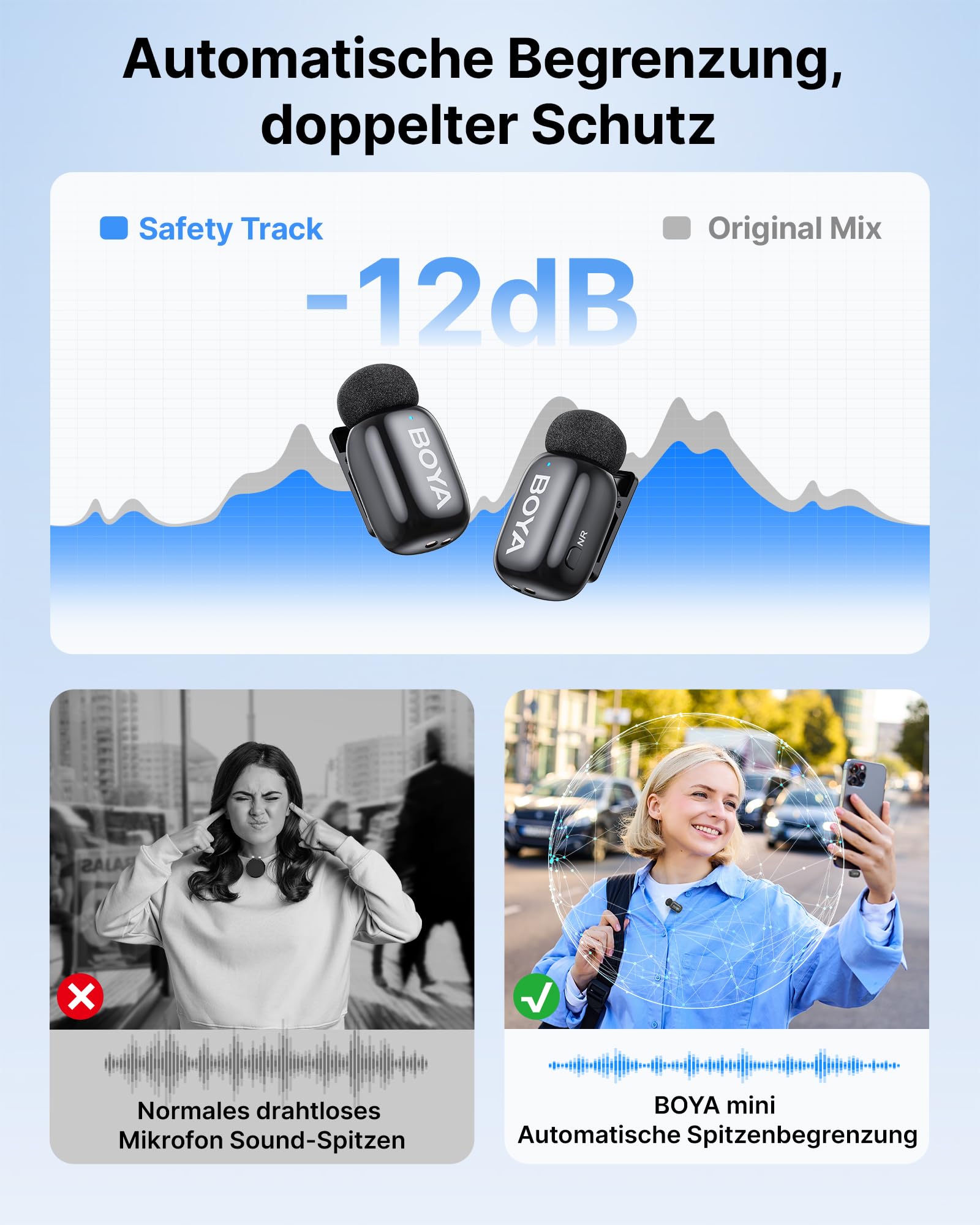 BOYA MINI 2 Kabelloses Lavalier-Mikrofon, 48kHz/24Bit, 100m, 30h, USB-C, Lightning für iPhone 7-17 Serie, Android