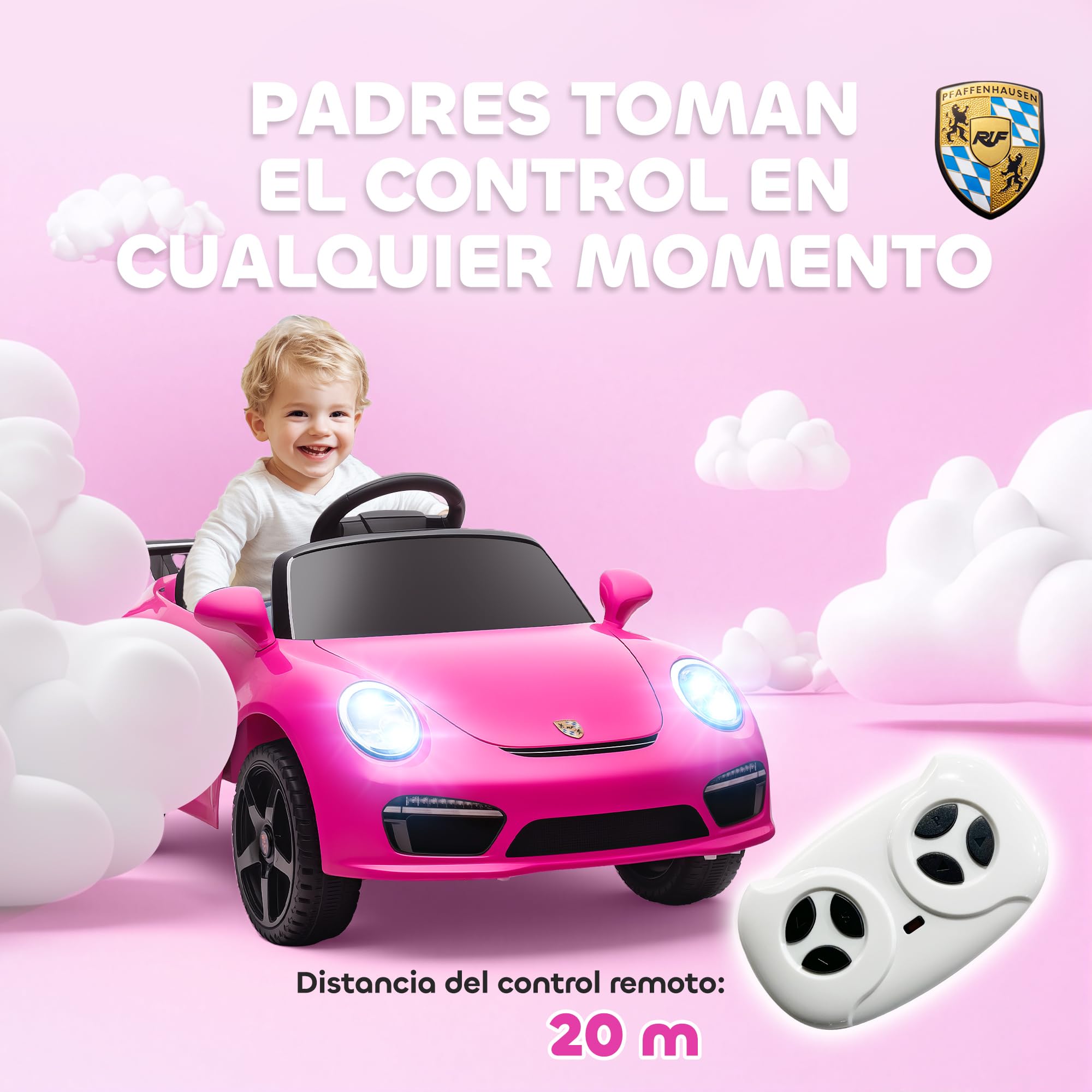 AIYAPLAY Coche Eléctrico para Niños con Licencia RUF CTR 3 Clubsport, Coche de Batería 12V, con Mando a Distancia 2,4 G, Motor Doble, Música Inalámbrica, Bocina, Ruedas Auxiliares y Faros LED, Rosa
