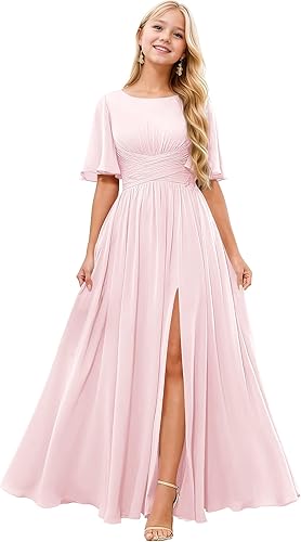 Crew Neck Junior Bridesmaid Dress with Slit Short Sleeve Flower Girl Dress for Weddinges for Wedding Party Pageant Gown