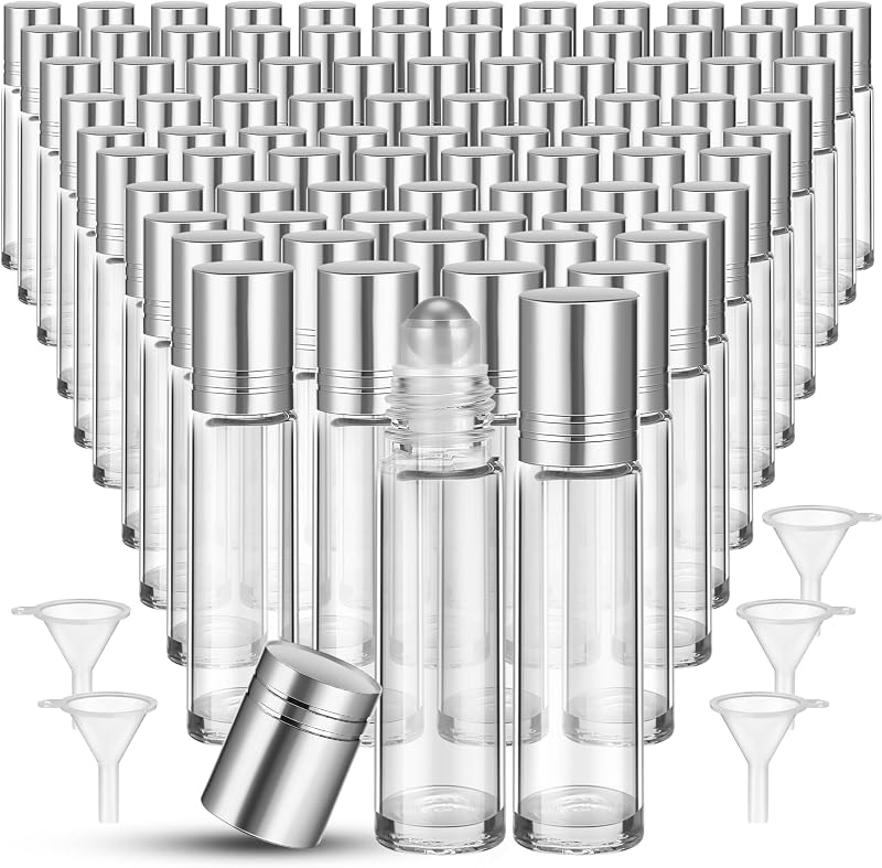 Sumind Frascos de Vidro com Esfera para Óleos Essenciais, 10 mL, Prateados, Pacote com 150 e 5 Funis