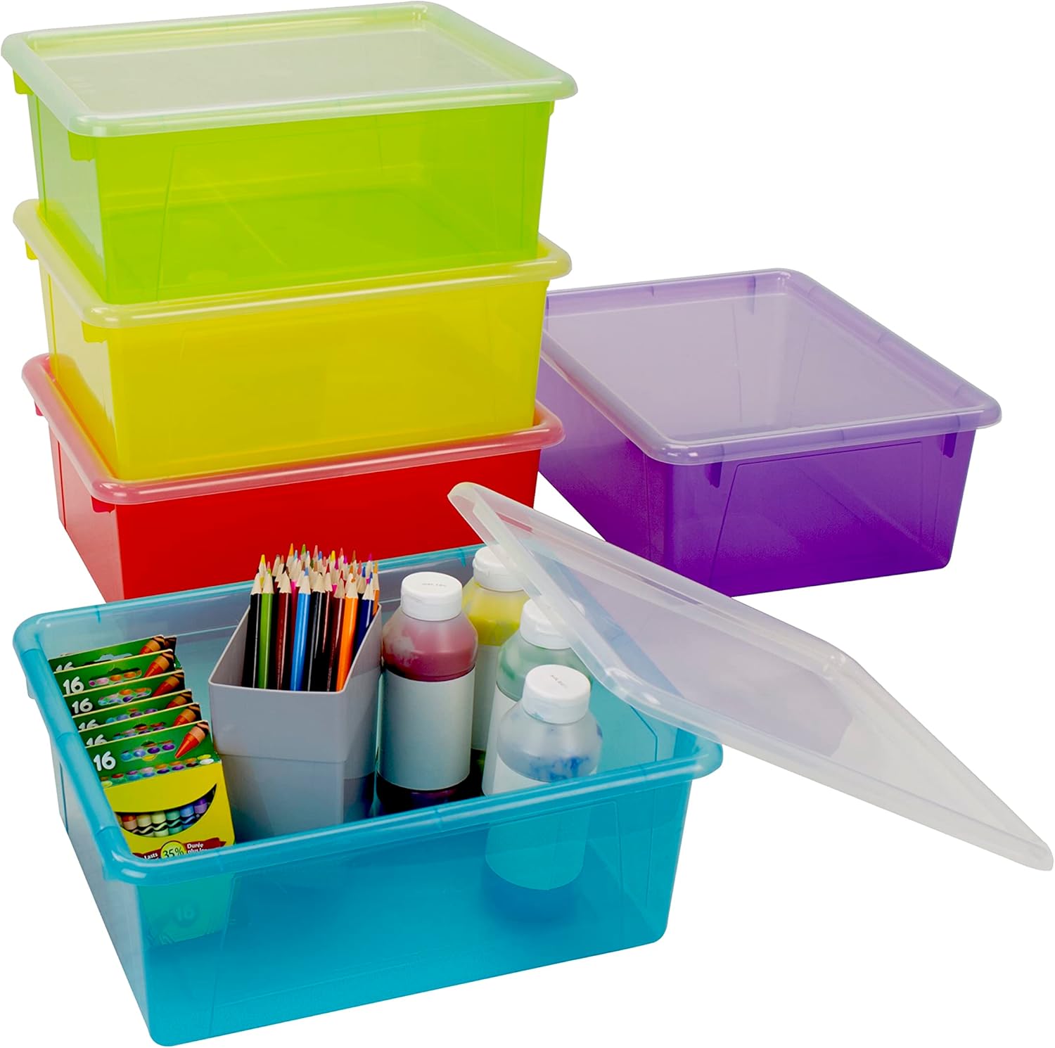 Storex Letter Size Deep Storage Tray – Organizer Bin with Non-Snap Lid for Classroom, Office and Home, Assorted Tints, 5-Pack (62550B05C)