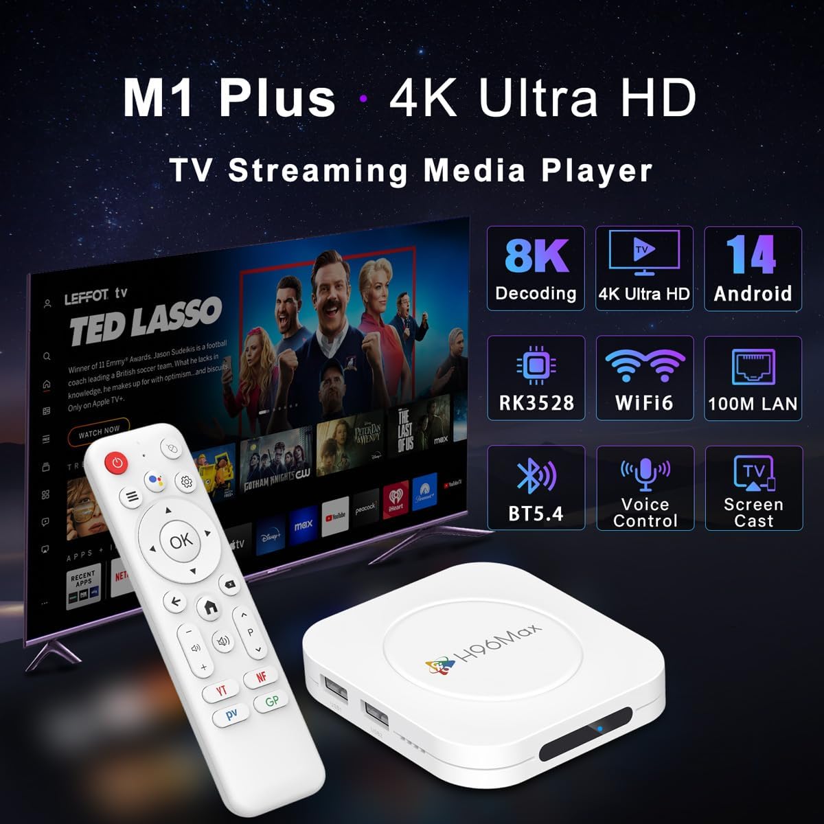 Android 14.0 TV Box 2026 LEFFOT M1 Plus 4K UHD Streaming Device for TV with HDR10, 4GB RAM 32GB ROM, Smart TV Box with 2.4G/5G Dual-Band WiFi 6, BT 5.4, Voice Control, RK3528 Quad Core A53