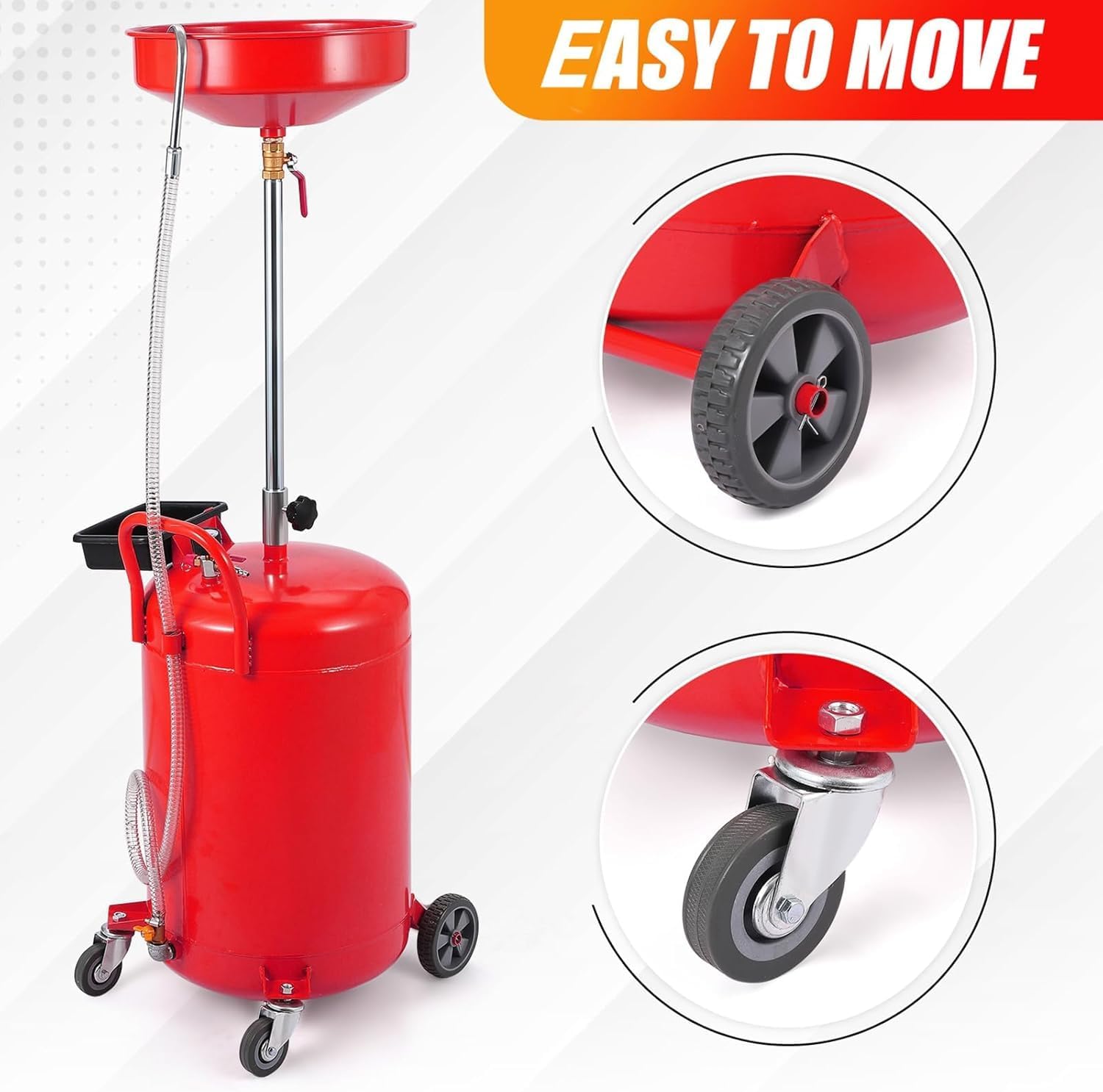 8 Gallon Oil Drain Tank Air Operated, Adjustable Funnel, Heavy-Duty Steel for Waste Oil, Fluid Transfer, Wheels & Toolbox Included