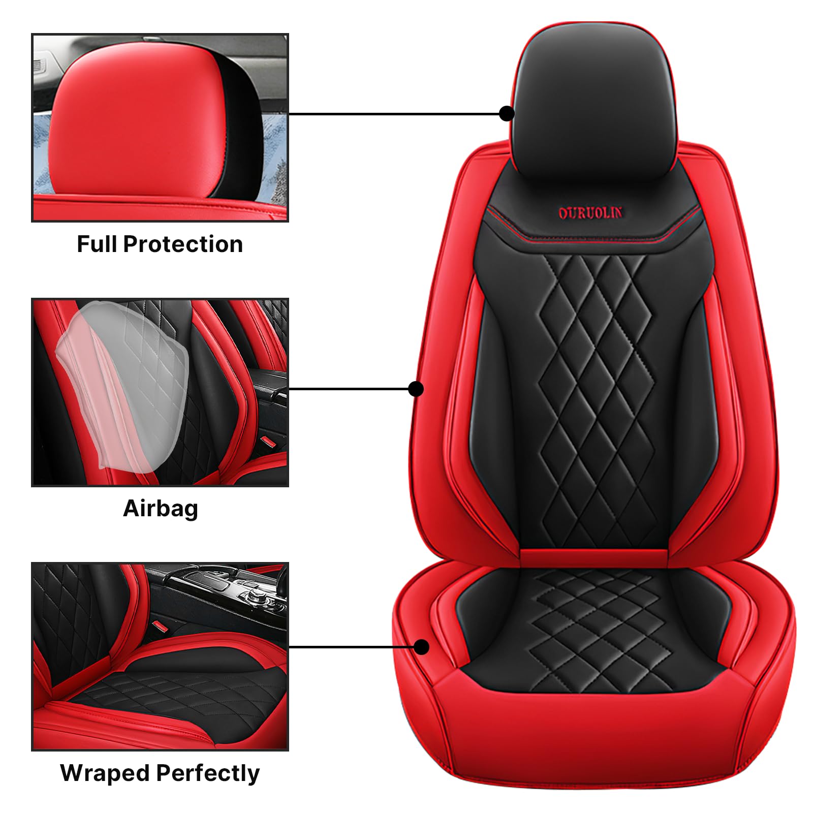 BOJVAIGA Waterproof Leather Seat Covers For Jeep Wrangler JK 2018 – Full Set Red & Black, Soft & Breathable