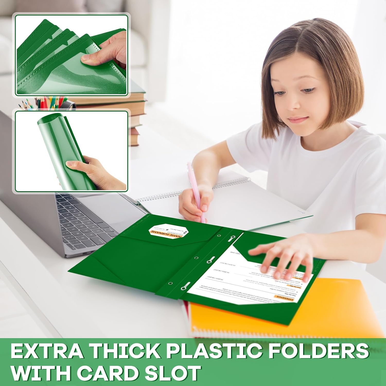 Henoyso 36 Pcs Plastic Folder with Clear Front Pocket and 3 Prong Plastic Folders with Card Slot Pocket Folders with Prongs for School Office (Dark Green)