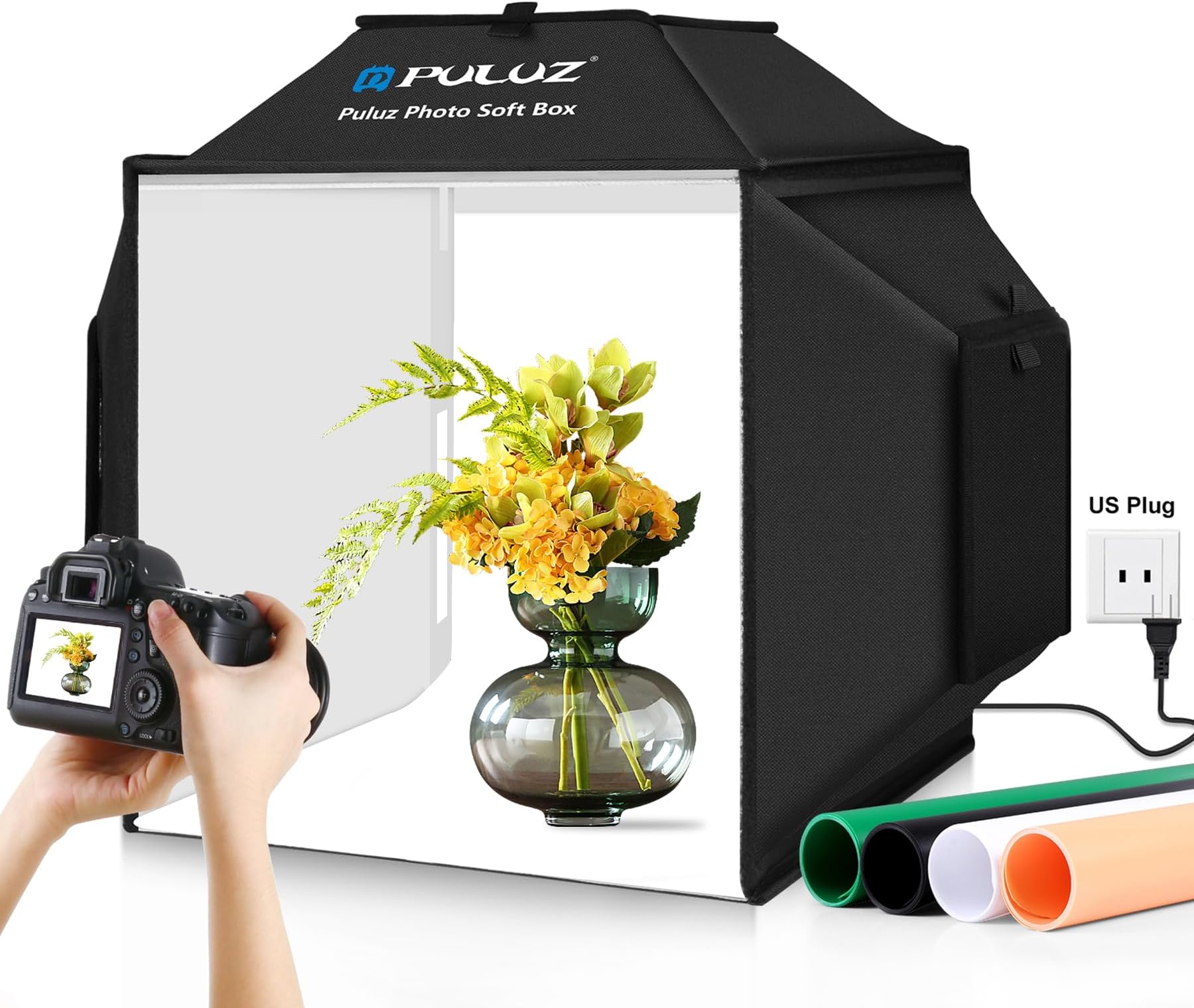 PULUZ Photo Studio Light Box 16'' x 16'' x 16'' Portable Foldable Photo Tent Light Box 24W Professional Studio Shooting Tent Soft Box with Carry Bag and 4 Color Backdrops (Black, Orange, White, Green)