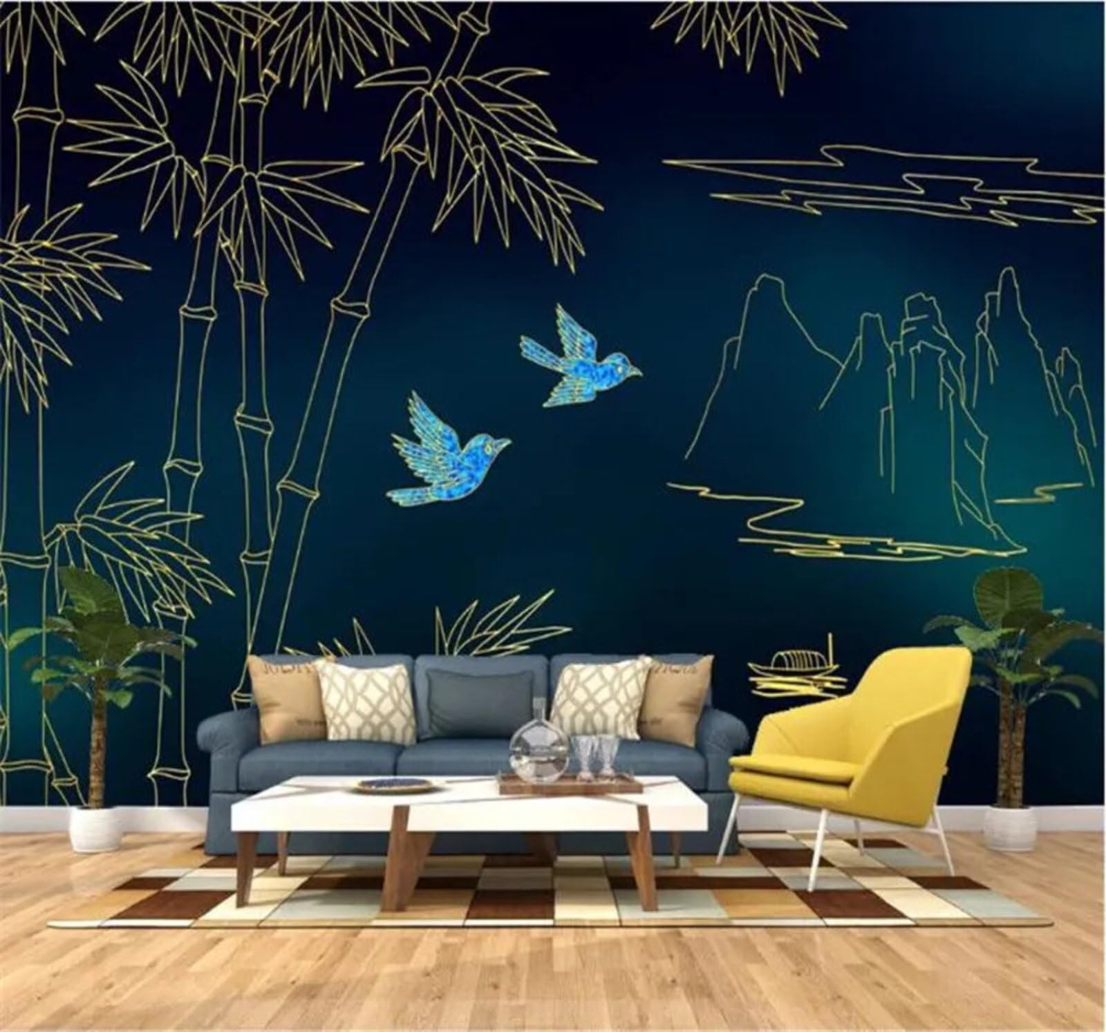 Tzxztt Gold Relief Lines Bamboo Leaves Birds in Flight Modern 3D Wallpaper Premium Textured Silk Neutral Tones Material Ideal for Living Room Bedroom-250cm×170cm
