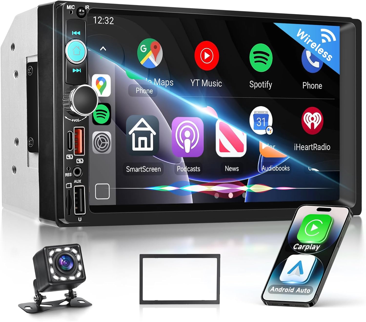 7″ 2 DIN Car Radio with Wireless Android Auto Carplay, Bluetooth FM Radio, Siri Voice Control, 2 USB/SD/AUX, Online Video, Mirror Link, Rear View Camera and Steering Wheel Control